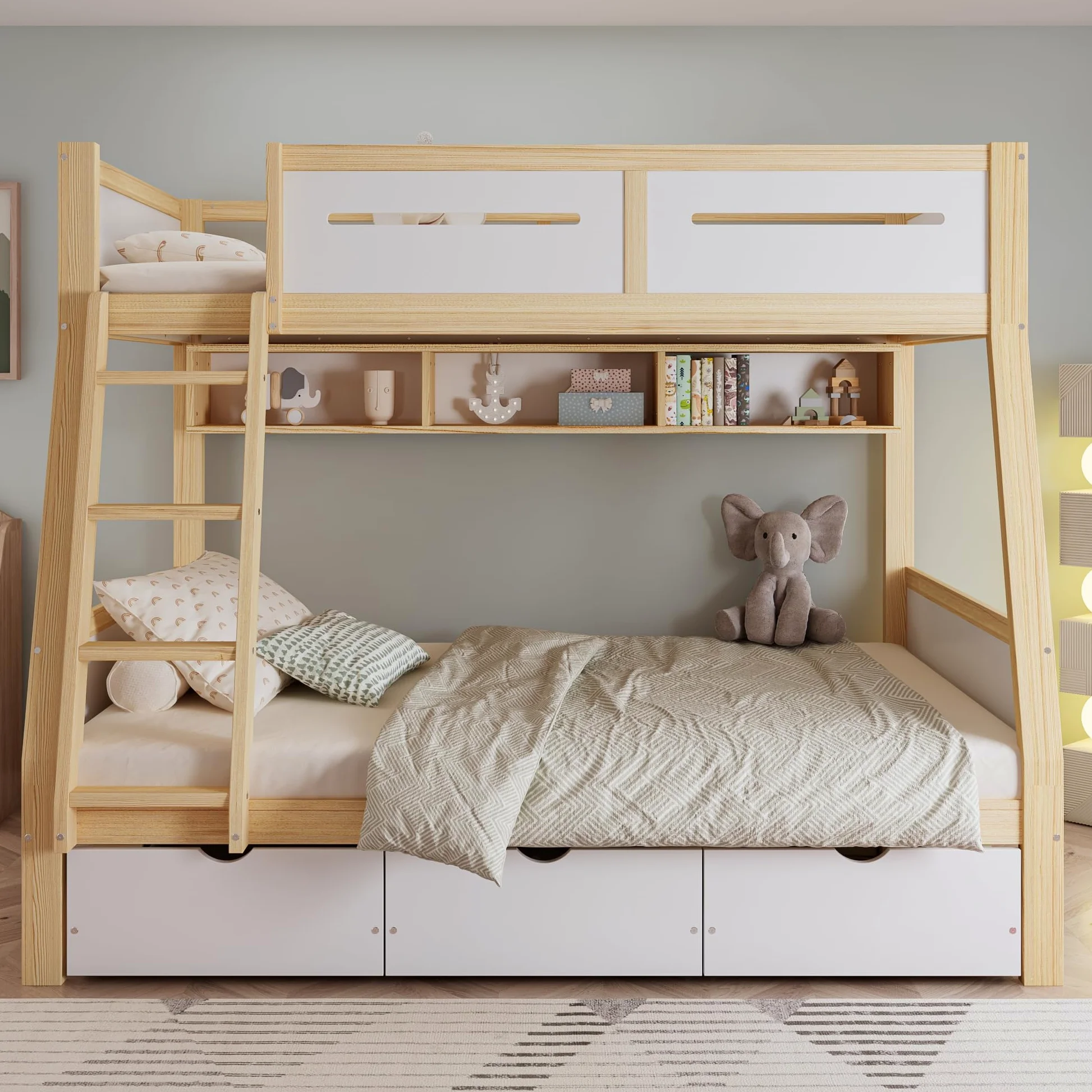 Lettino a castello, 90 x 200 cm e 120 x 200 cm, tre cassetti con ruote, 2 m, recinzione sicura su quattro lati e scala a pioli, pino + MDF + compensato, bianco e naturale