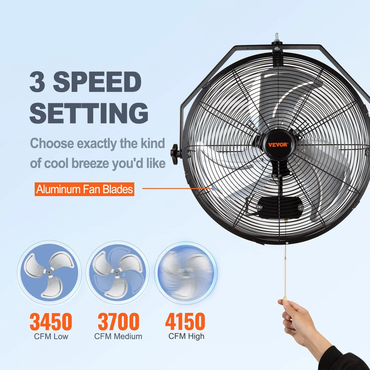 VEVOR Ventilatore da Parete Oscillante Diametro 44,6 cm, 3 Velocità, 4150 CFM, Ventilatore Residenziale Commerciale per Raffreddamento di Magazzini, Officine, Giardino, Nero