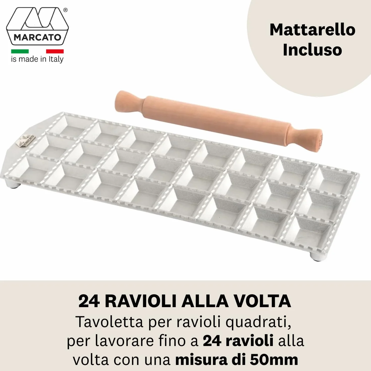 Marcato Stampo per Ravioli, Forme per Ravioli, Alluminio, Mattarello in Legno Incluso, RA-Q50X24-CLS