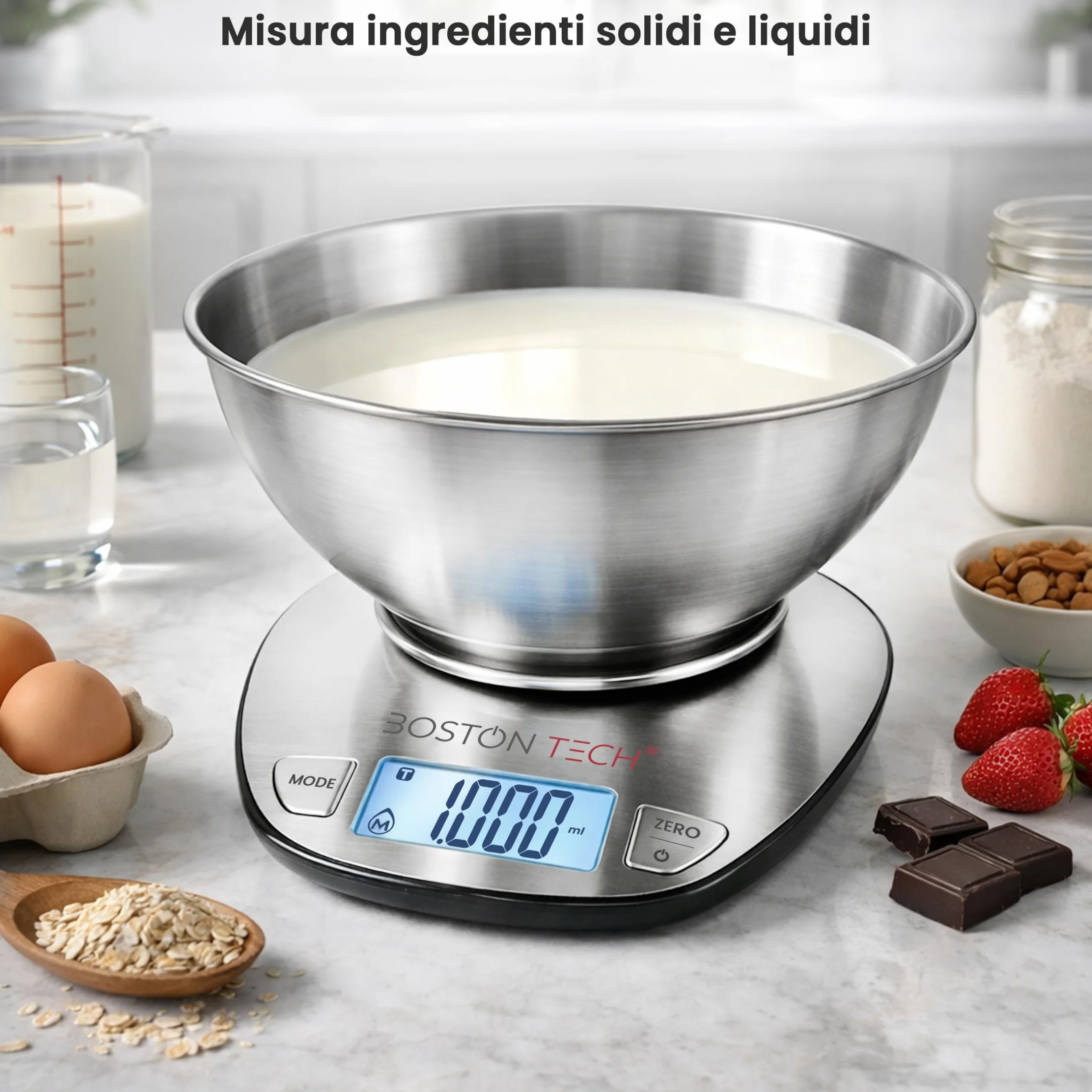 Boston Tech Bilancia Cucina Digitale con Ciotola Rimovibile in Acciaio Inox, Bilancia da Cucina 5 kg/1 g, Display LCD Retroilluminato, Funzione Tara, Batterie Incluse e Ricettario QR