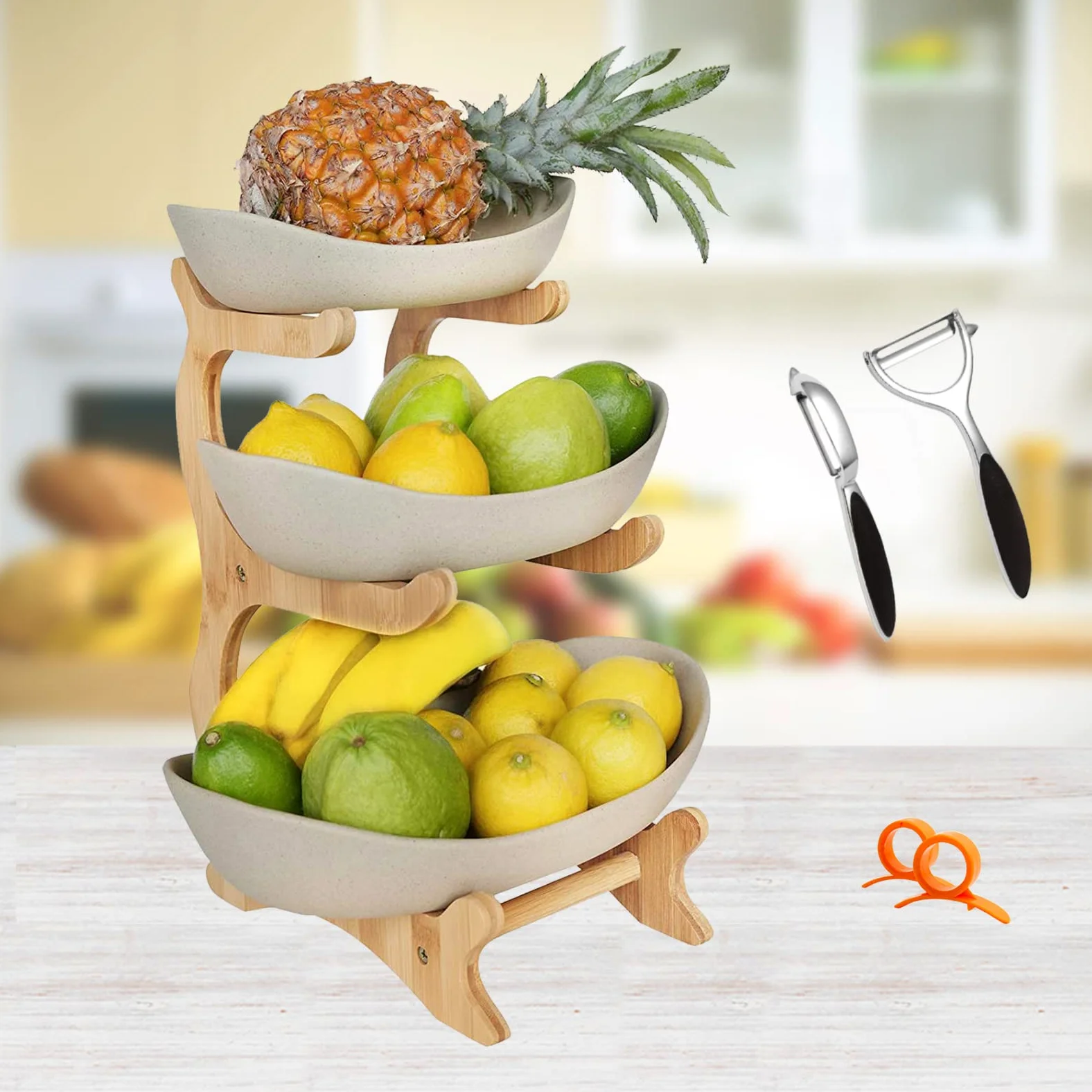 TonKeramik - Alzata per frutta, 3 piani, in porcellana, 3 ripiani, con supporto in bambù naturale, per frutta, torte, dolci