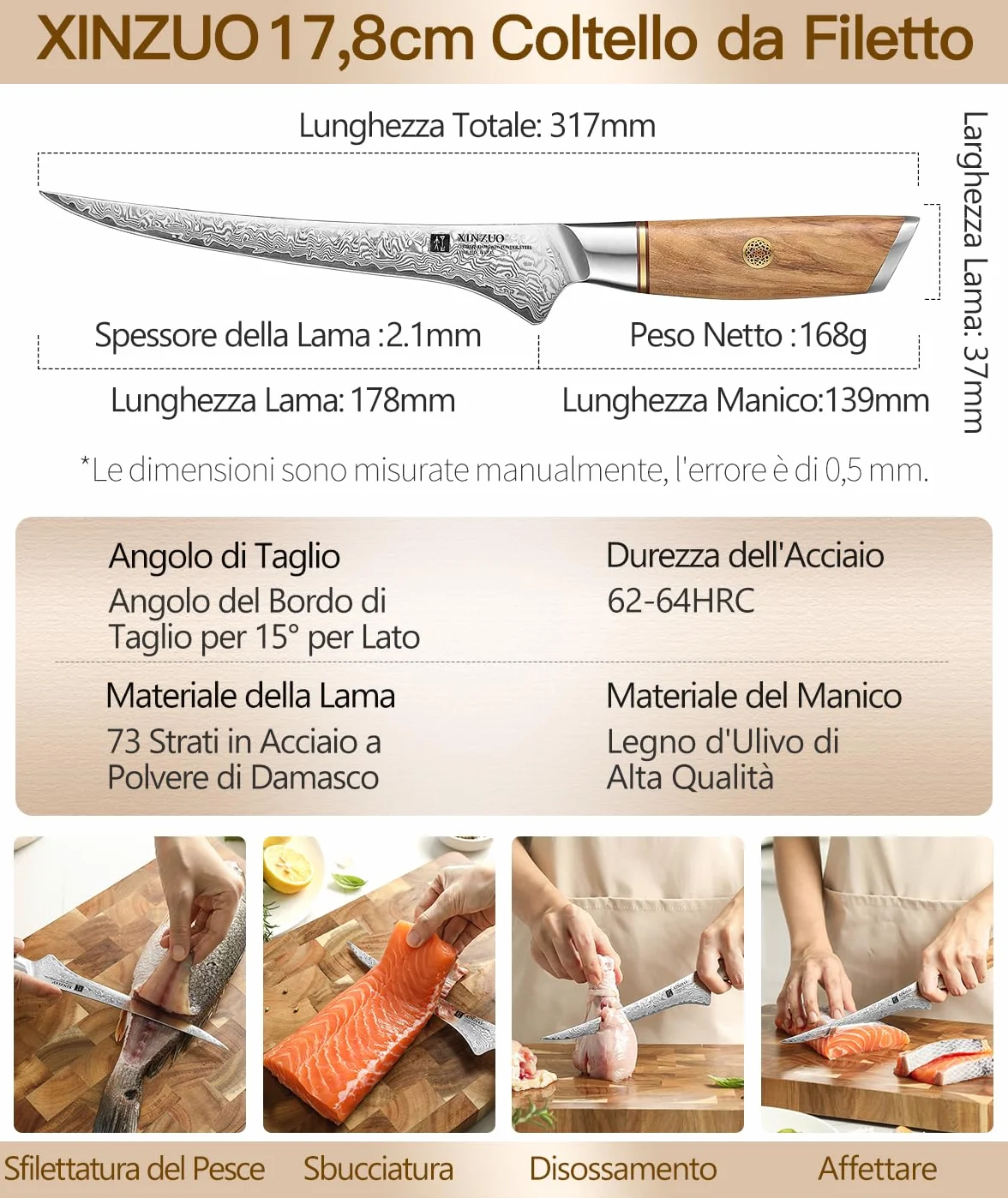 XINZUO 17,8cm Coltello per Sfilettare Acciaio a Polvere di Damasco a 73 Strati -Professionale Coltello da Filetto Cucina Bordo Disossare Pesce e Carne -Manico in Legno d'Ulivo
