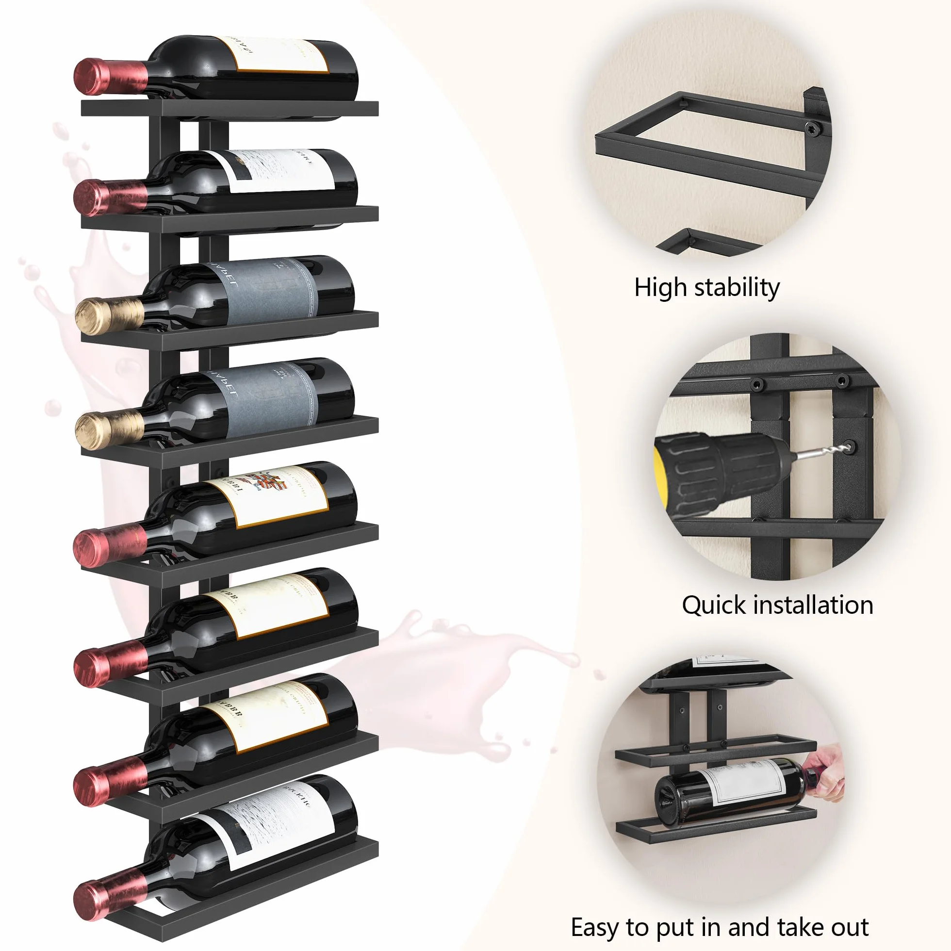 FAVOOSTY Portabottiglie da parete 2 pezzi Scaffale per vino con 8 livelli metallo nero
