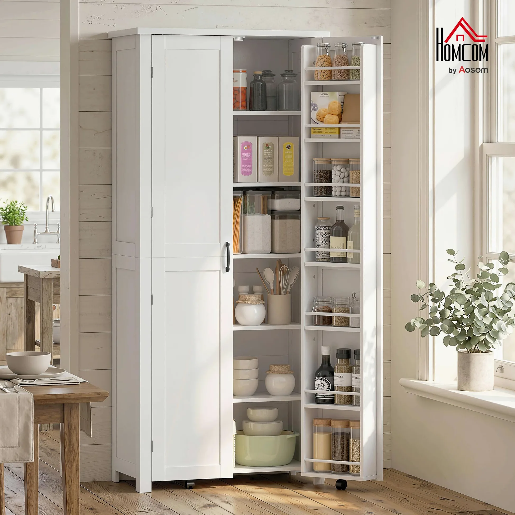 HOMCOM Credenza Cucina Alta 180cm, Mobile Dispensa con Ruote, Doppie Ante, 6 Ripiani, 14 Scomparti Portaspezie sulla Porta, Ripiani Regolabili, Mobile Cucina per Sala da Pranzo Soggiorno, Bianco