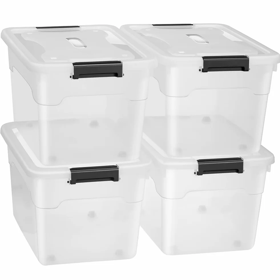 BAKAJI Set 4 Contenitori con Coperchio per Vestiti in Plastica con Ruote, Impilabile per Stoccaggio, 60 Lt Alto