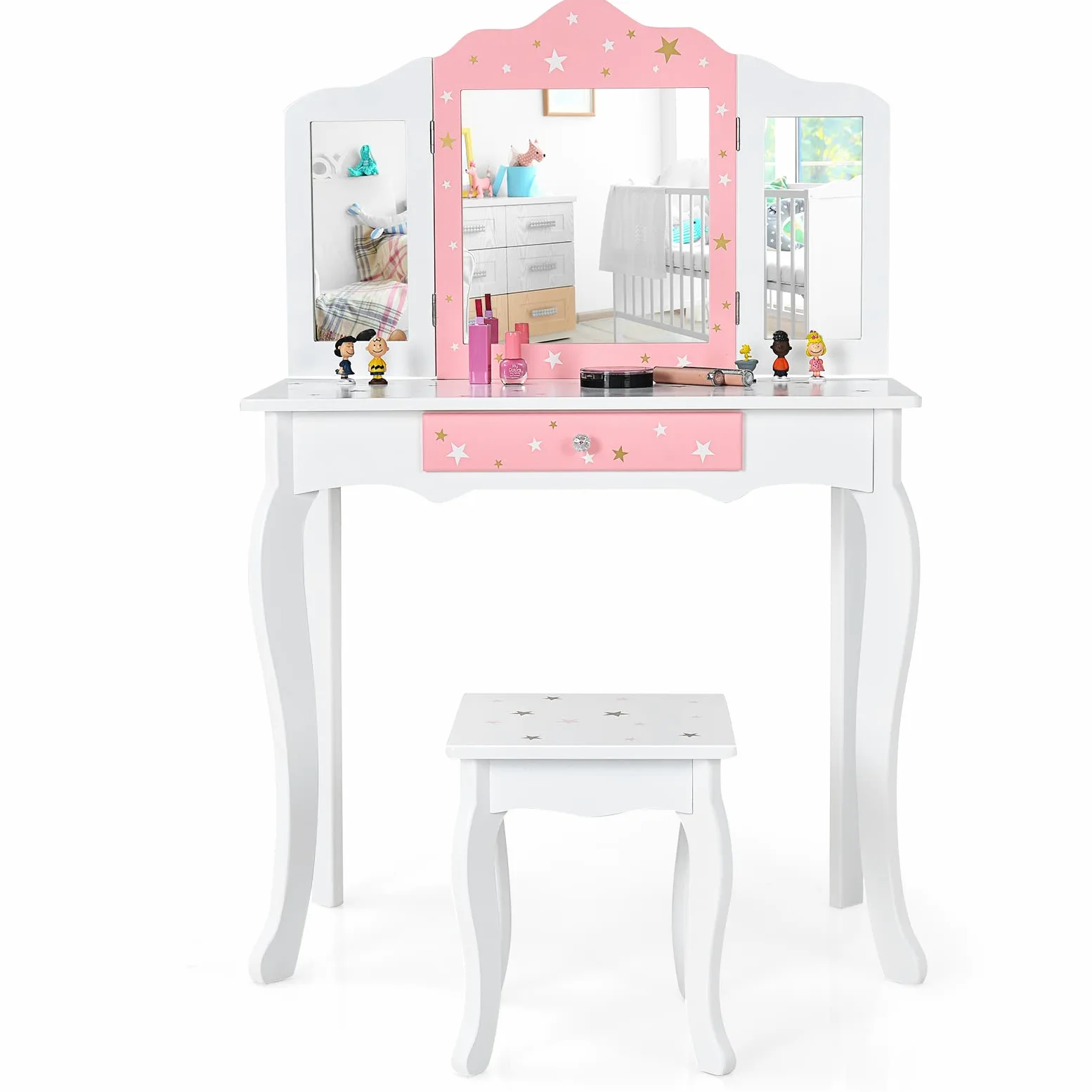 RELAX4LIFE 2 in 1 Toeletta Trucco Bambina con Specchio e Sgabello, Centro di Bellezza, Giocattolo da Trucco, Set Tavolo da Trucco in Legno per 3 4 5 6 Anni (Bianca)