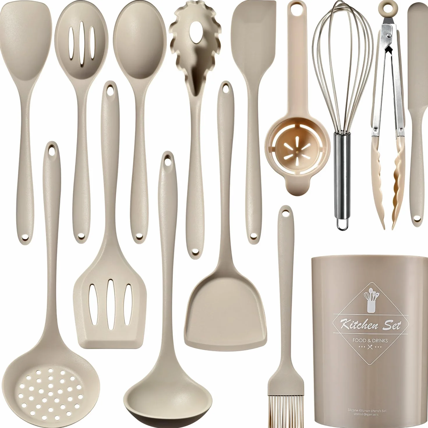 Set di 15 utensili da cucina in silicone con manici in acciaio inossidabile, resistenti al calore e antiaderenti, con portautensili, lavabili in lavastoviglie, Cachi(senza BPA)