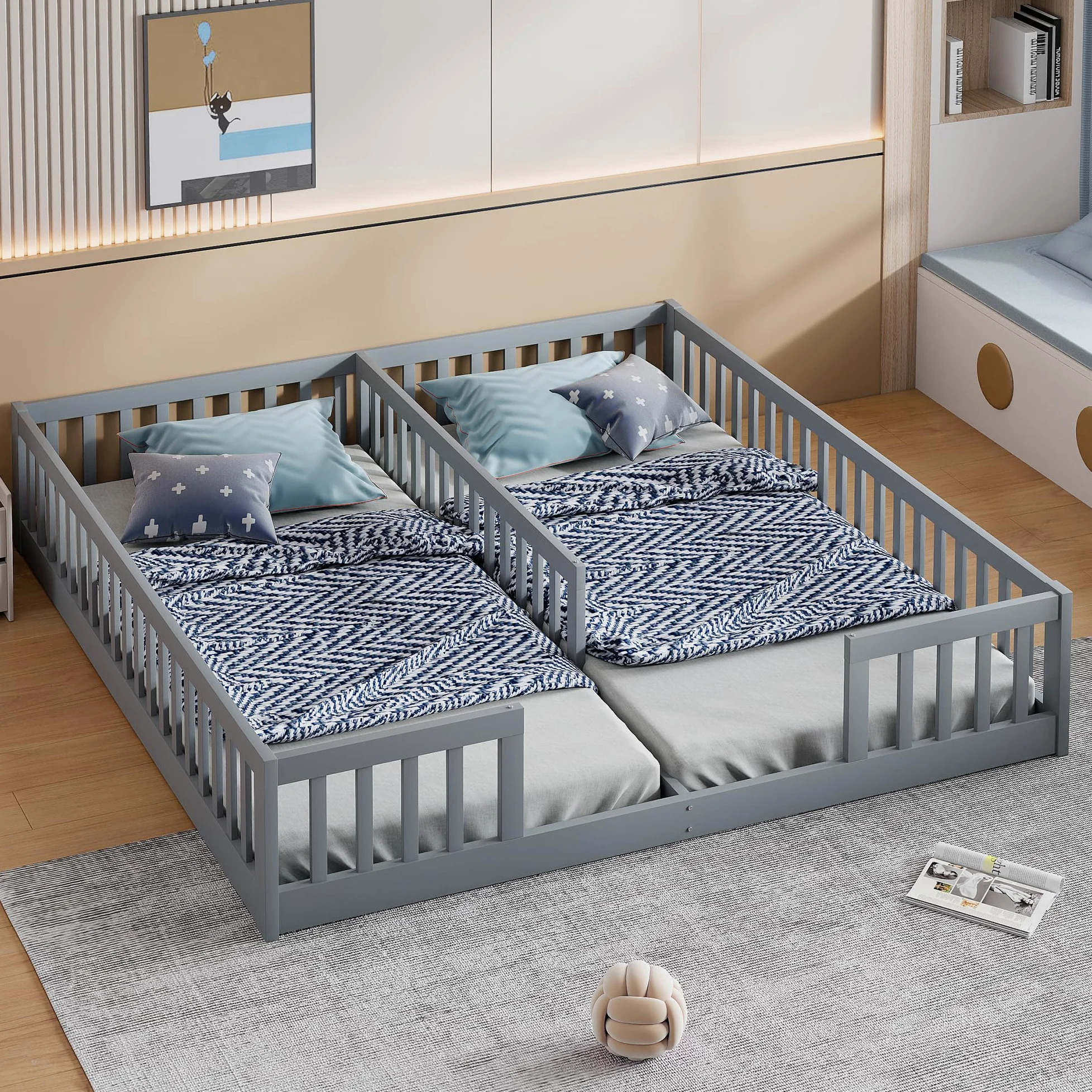 Lettino da pavimento 90 x 200 cm, con rete di sicurezza, in legno di pino, per famiglie con 2 bambini, letto gemellare con rete a doghe, grigio
