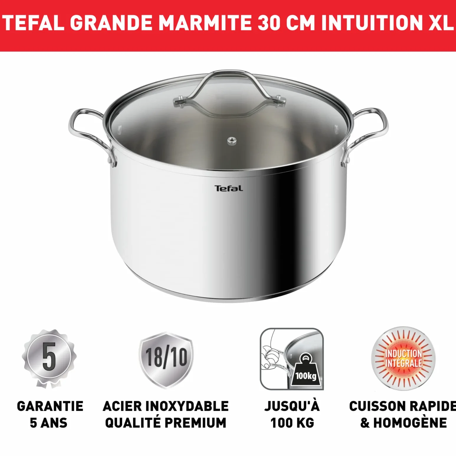 Tefal Intuition XL Grande pentola in acciaio inox 30 cm/10 L, induzione, 5 anni, acciaio inossidabile 18/10 di prima qualità, XL, manici robusti, coperchio in vetro B8646904