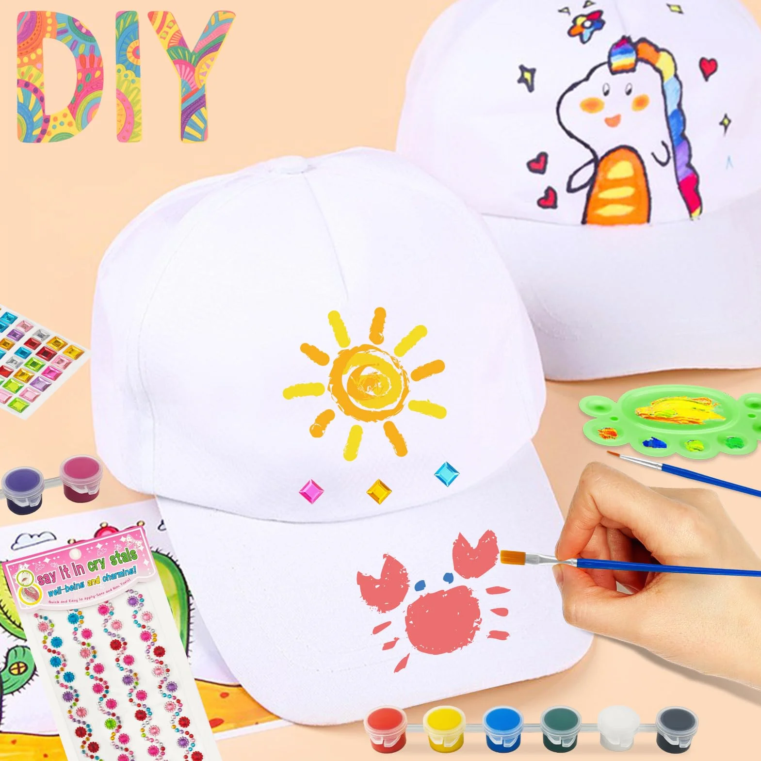 Cappellini da Baseball per Bambini, Berretto Graffiti Fai da Te Bianco, Cappello con Visiera Regolabile 6 Pezzi