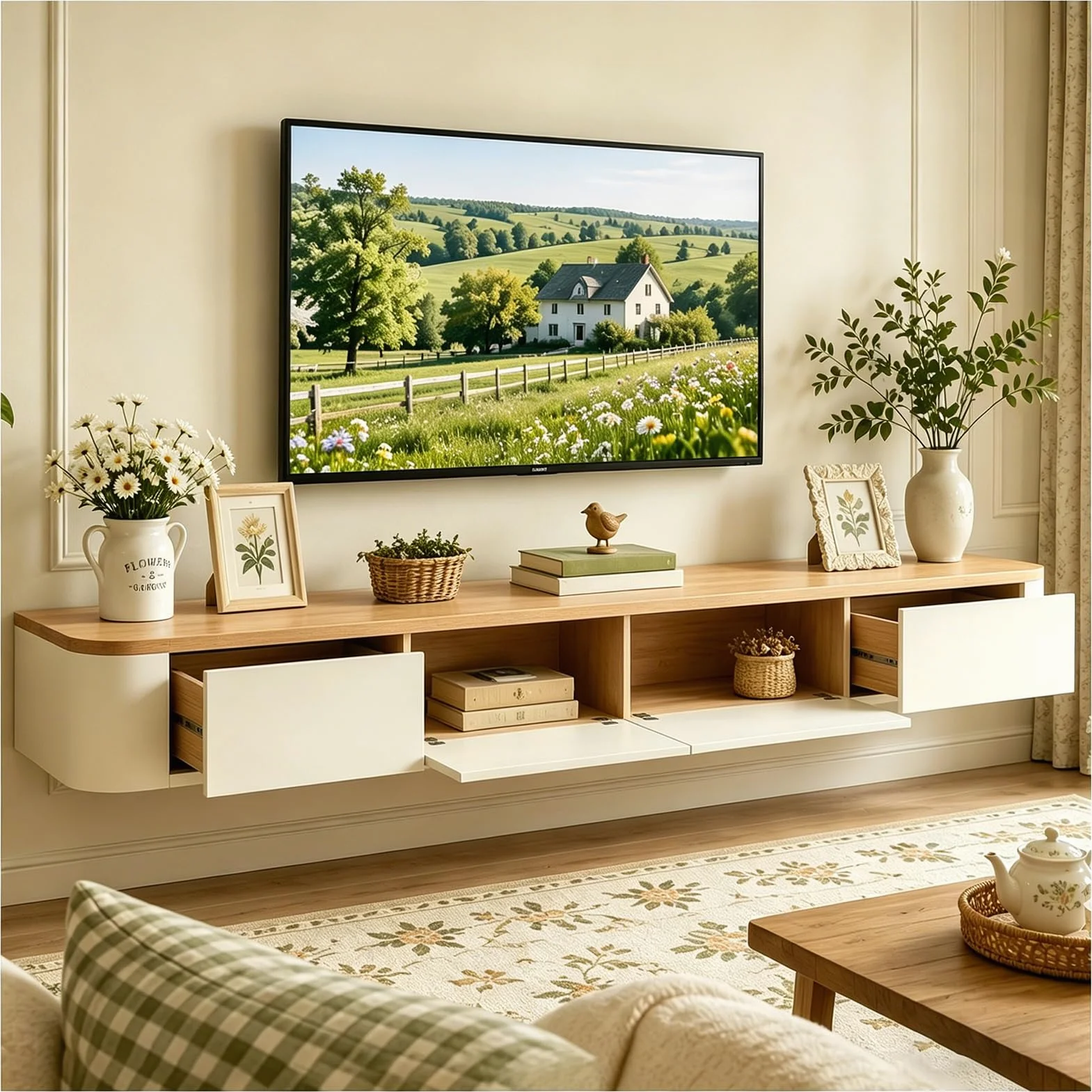 Mobile TV moderno 280 cm Beige e Bianco, Mobile TV basso con 2 cassetti e 2 ante a ribalta, Piano TV sospeso, Gestione dei cavi di alta qualità, Tavolo TV per soggiorno e sala da pranzo