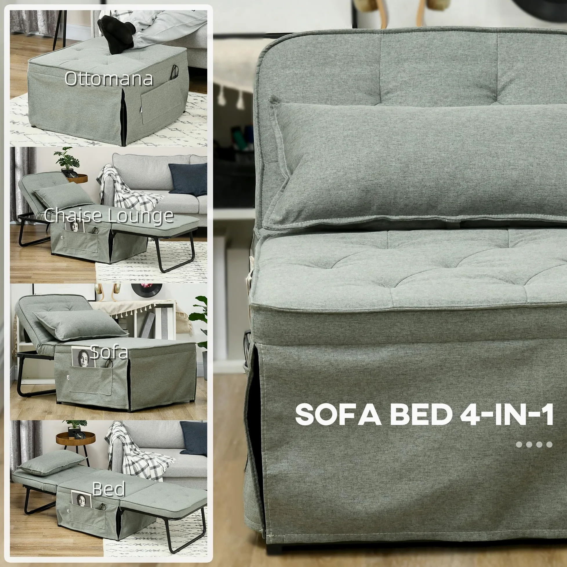 HOMCOM Poltrona trasformabile 4 in 1 con schienale reclinabile in 5 posizioni, cuscino e tasca portaoggetti - 180 x 64 x 40 cm - grigio chiaro