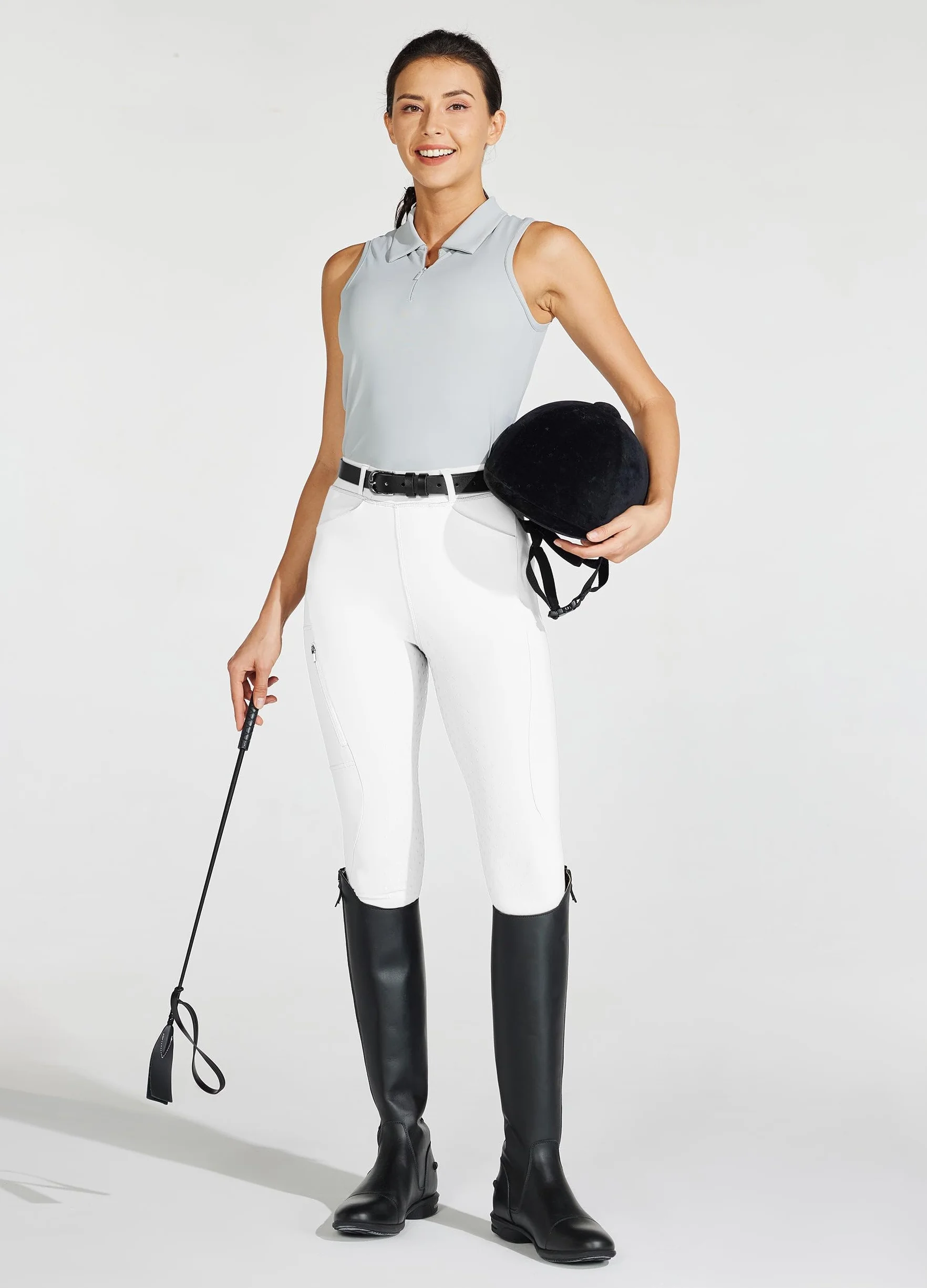 WILLIT Pantaloni da equitazione donna silicone vita alta elasticizzati tasca cerniera passanti cintura