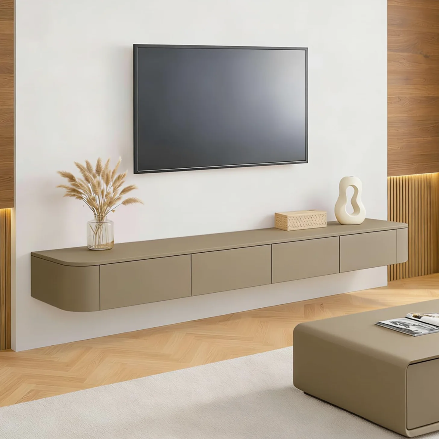 Mobile TV Sospeso Moderna | Consolle Multimediale da Parete | Grande Mobile TV con Spazio di Archiviazione per Soggiorno e Ufficio (kaki, 220cm)