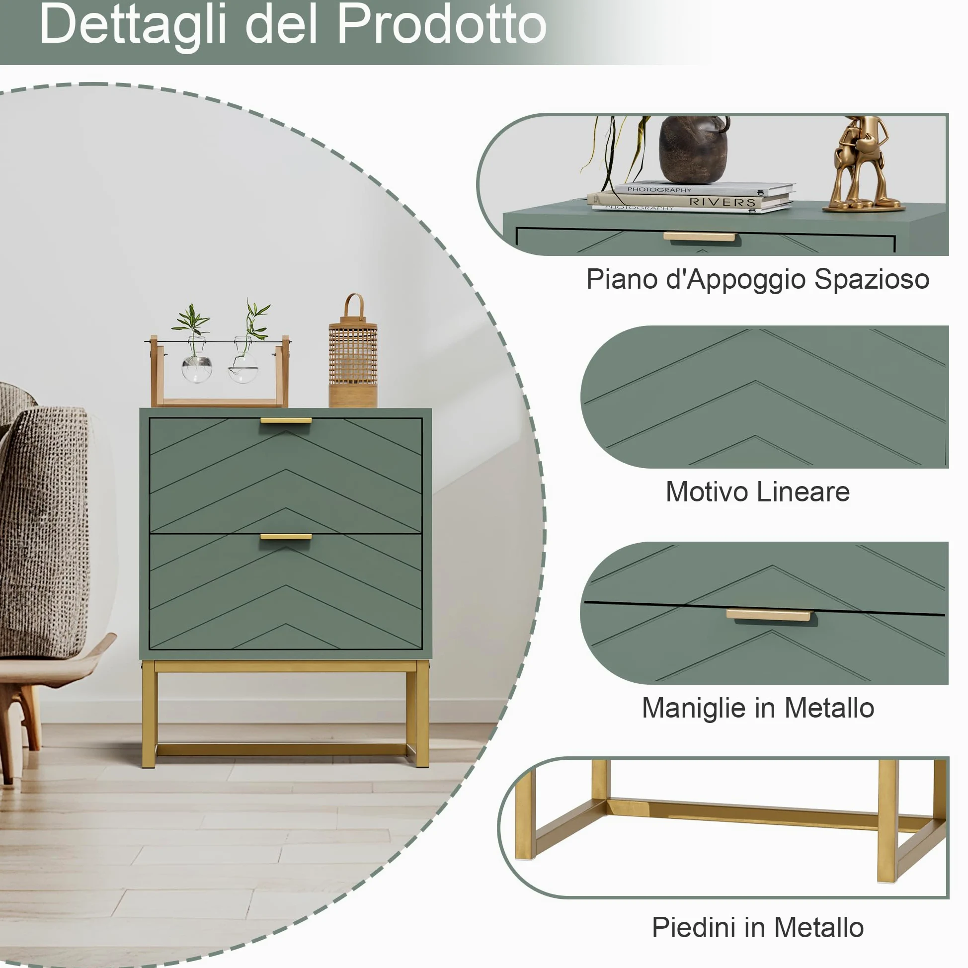 UEV Set di 2 Comodino Camera da Letto con Motivo a V, Mobile Camera da Letto con Miniglie e Piedini in Metallo, Comodino Moderno e Stabile, 46 x 33,5 x 56,5 cm, Verde