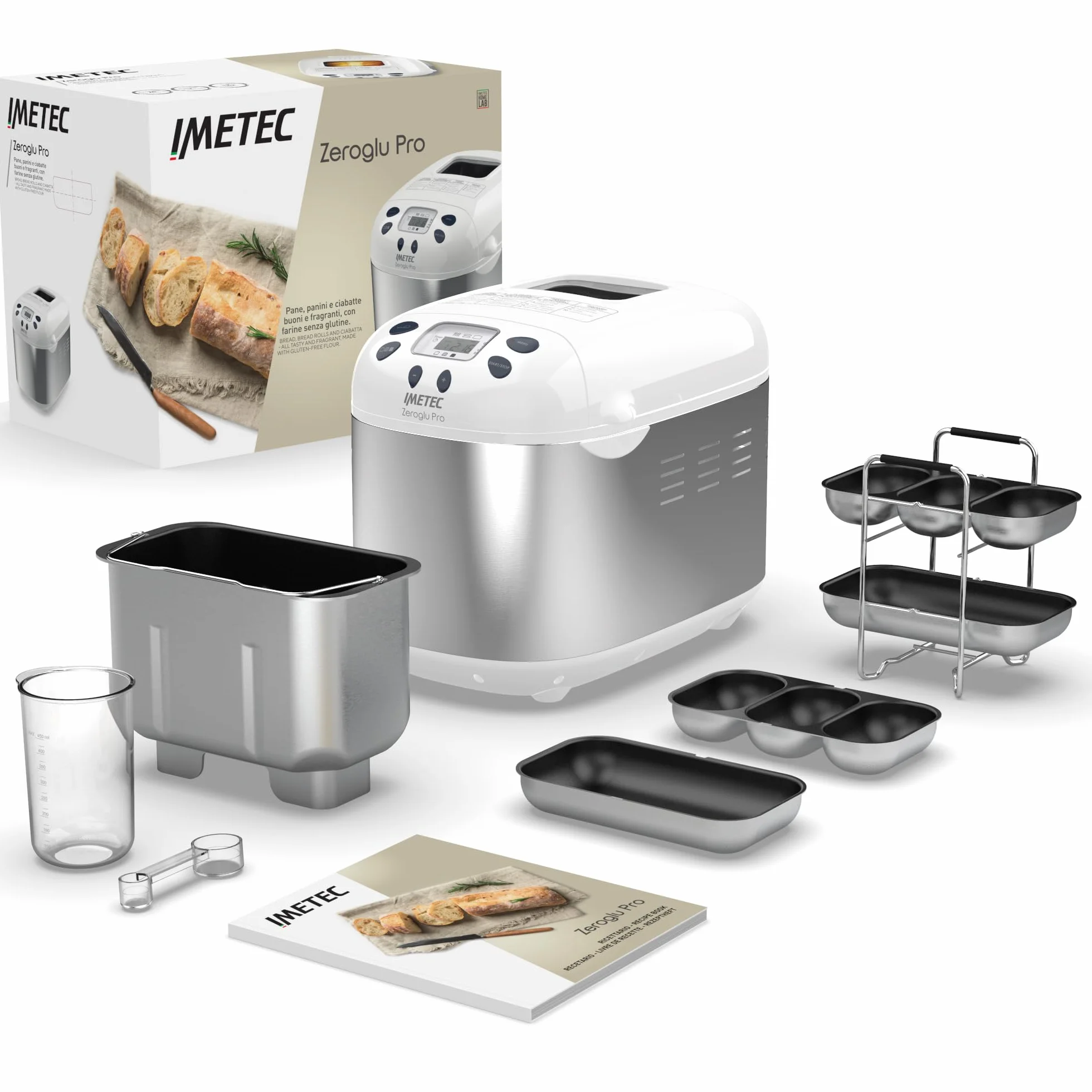 Imetec Zero-Glu Pro, Macchina per Pane, Ciabatte e Panini senza Glutine per Celiaci, Pasta Pizza, Dolci, Marmellate, 20 Programmi, 2 Pale Impastatrici, Temperatura Levitazione Controllata, Ricettario