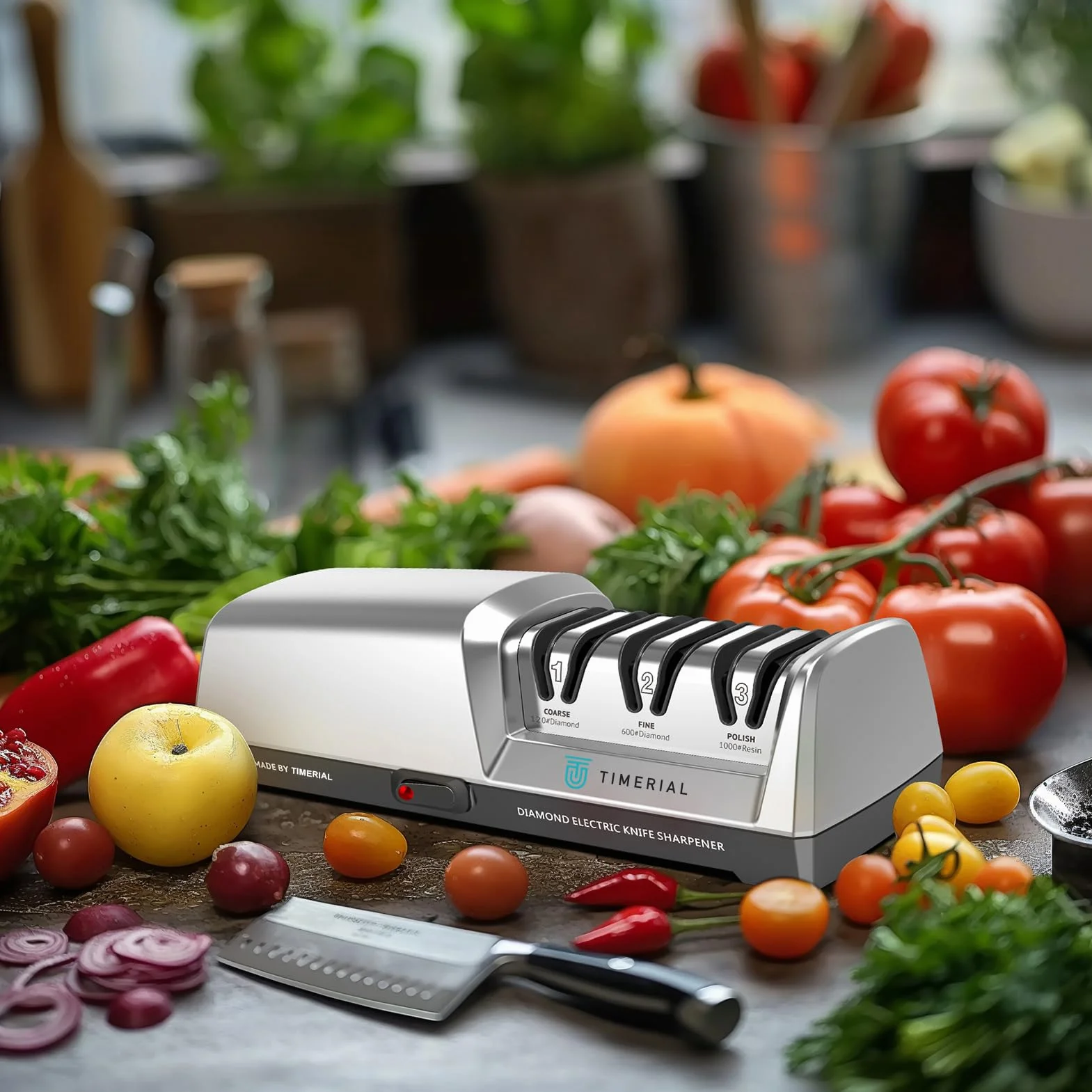 TIMAL Affilacoltelli elettrico 3 stadi Disco abrasivo diamantato 15° Guida angolare di precisione per coltelli da cucina in acciaio 120/600/1000 grana