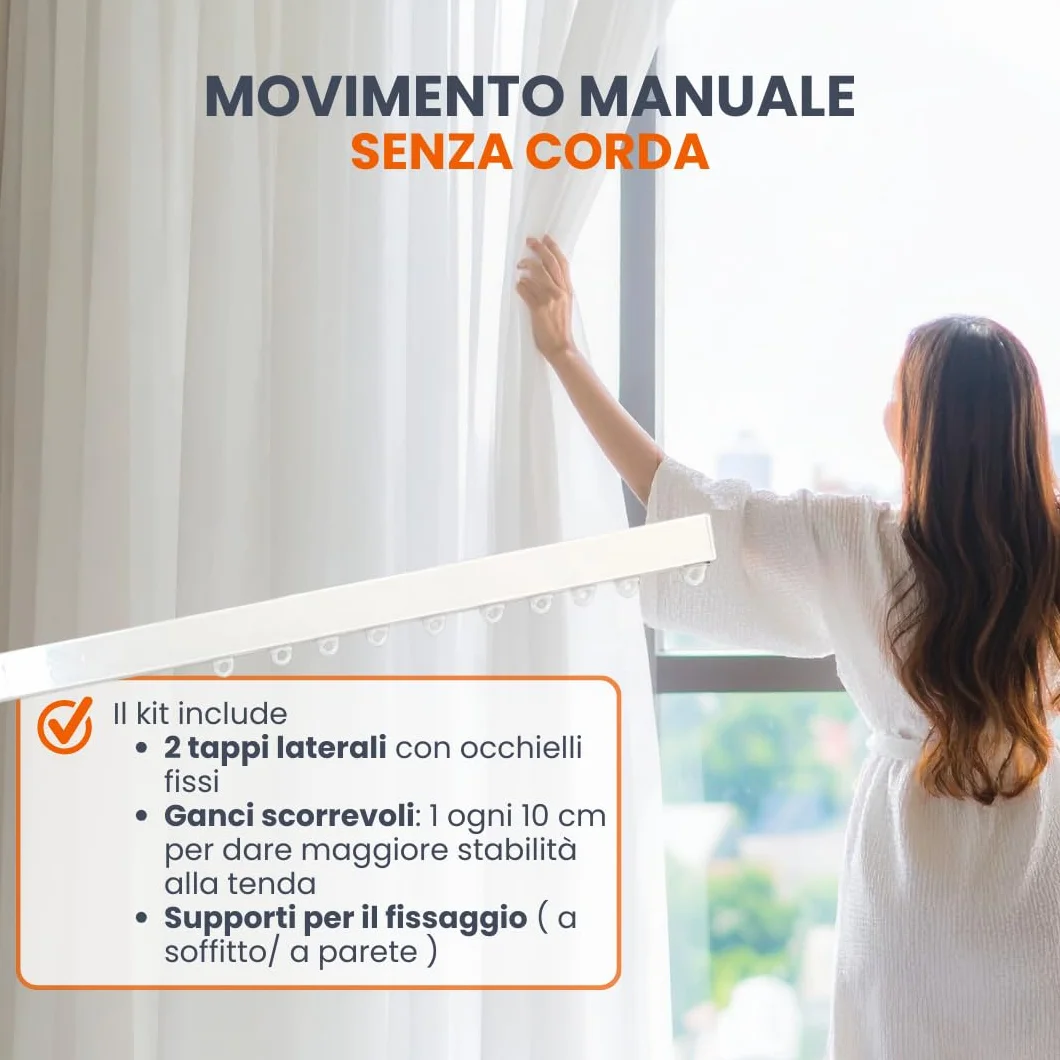 Zineffa Riloga Scorritenda Lineare in Alluminio Bianco Binario per Tende a Soffitto Parete L. 200 CM Movimento MANUALE