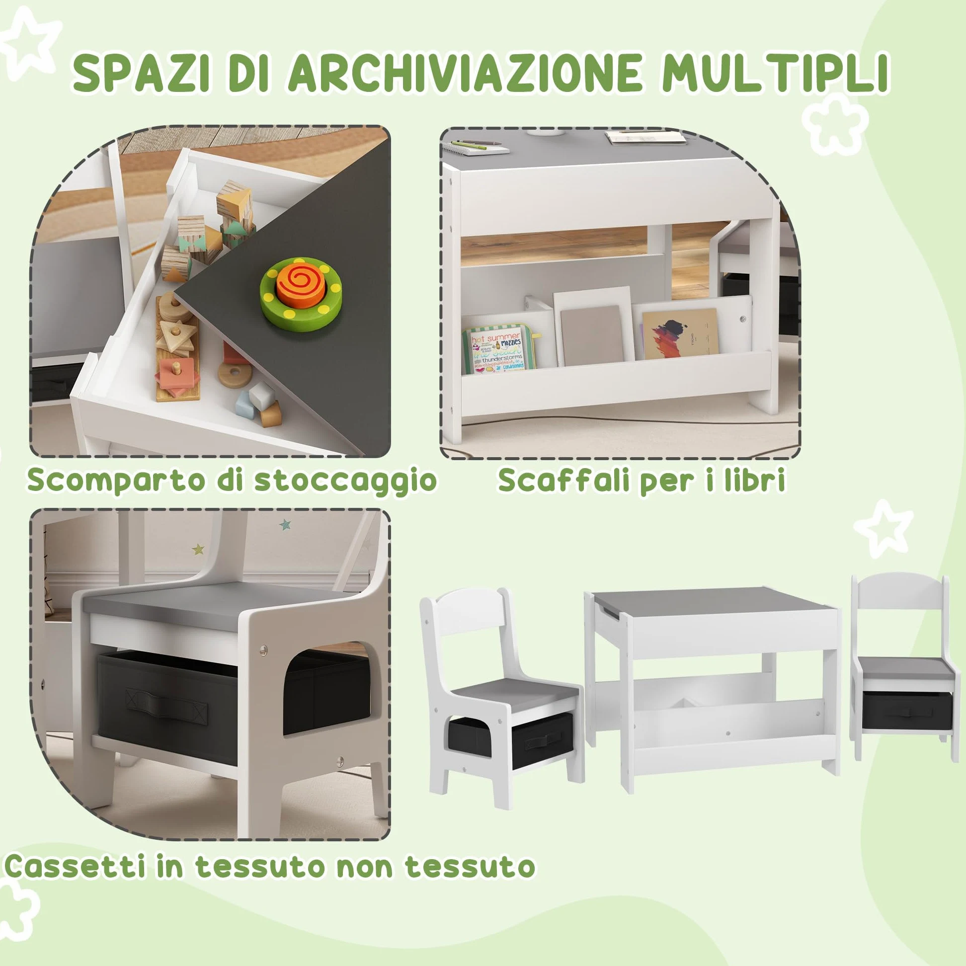 HOMCOM Set Tavolino per Bambini e 2 Sedie, Piano del Tavolo 3 in 1 con Lavagna, Contenitori e Vano Libreria, Grigio