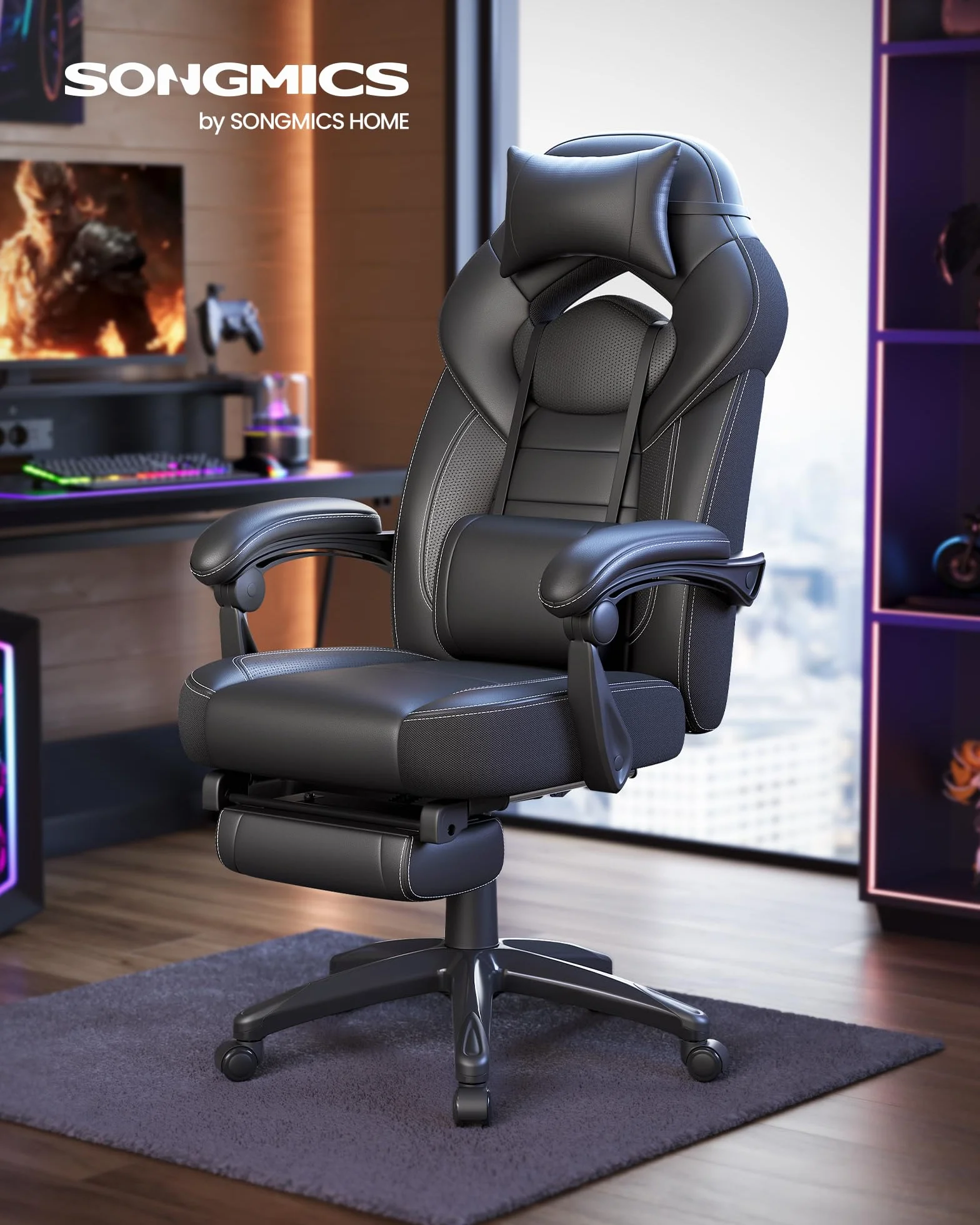 SONGMICS Sedia Gaming, Sedia Ufficio Scrivania, Ergonomico, con Poggiapiedi, Poggiatesta Regolabile, Cuscino Lombare, Portata 150 kg, Nero OBG077B01