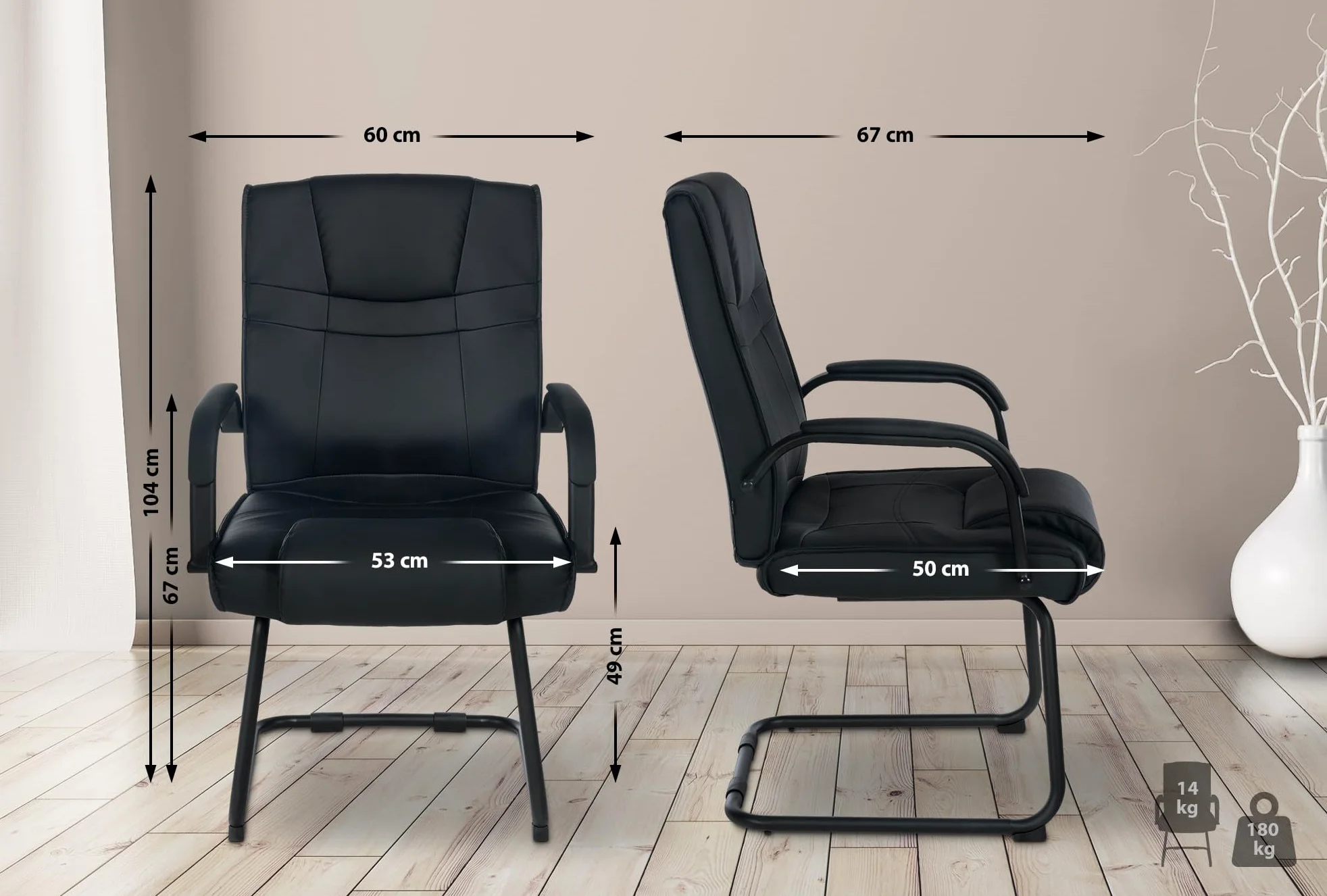 CLP Sedia Cantilever XXL Attila In Similpelle I Sedia Studio Con Imbottitura E Braccioli I Sedia Ufficio Conferenza, Colore:nero/nero
