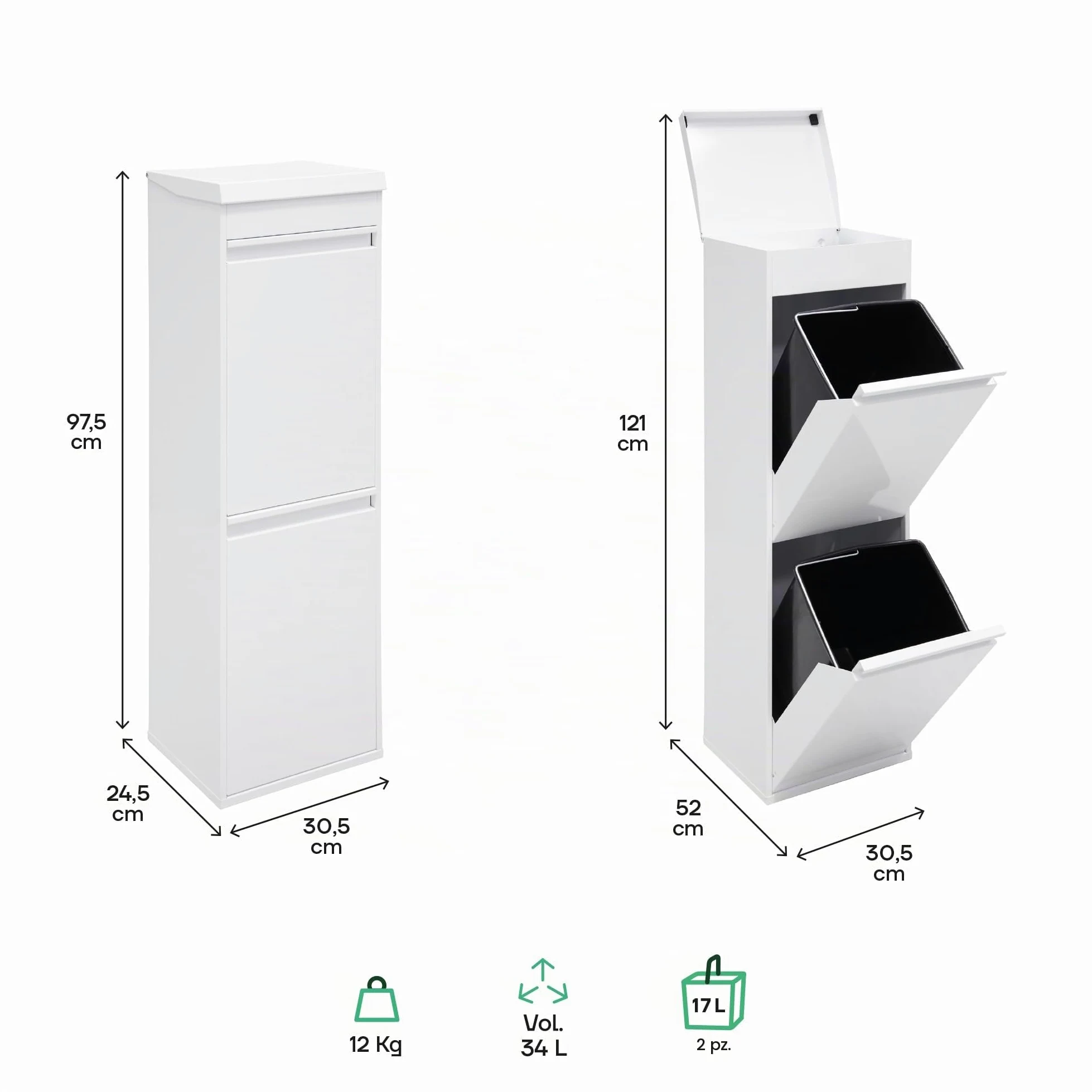 ARREGUI Top CR221-B Pattumiera Differenziata 2 Scomparti | 2x17 L (34 L) | Contenitore in Acciaio con Cassetto Superiore | Mobile per Raccolta Differenziata | Cestino per Spazzatura da Cucina | Bianco