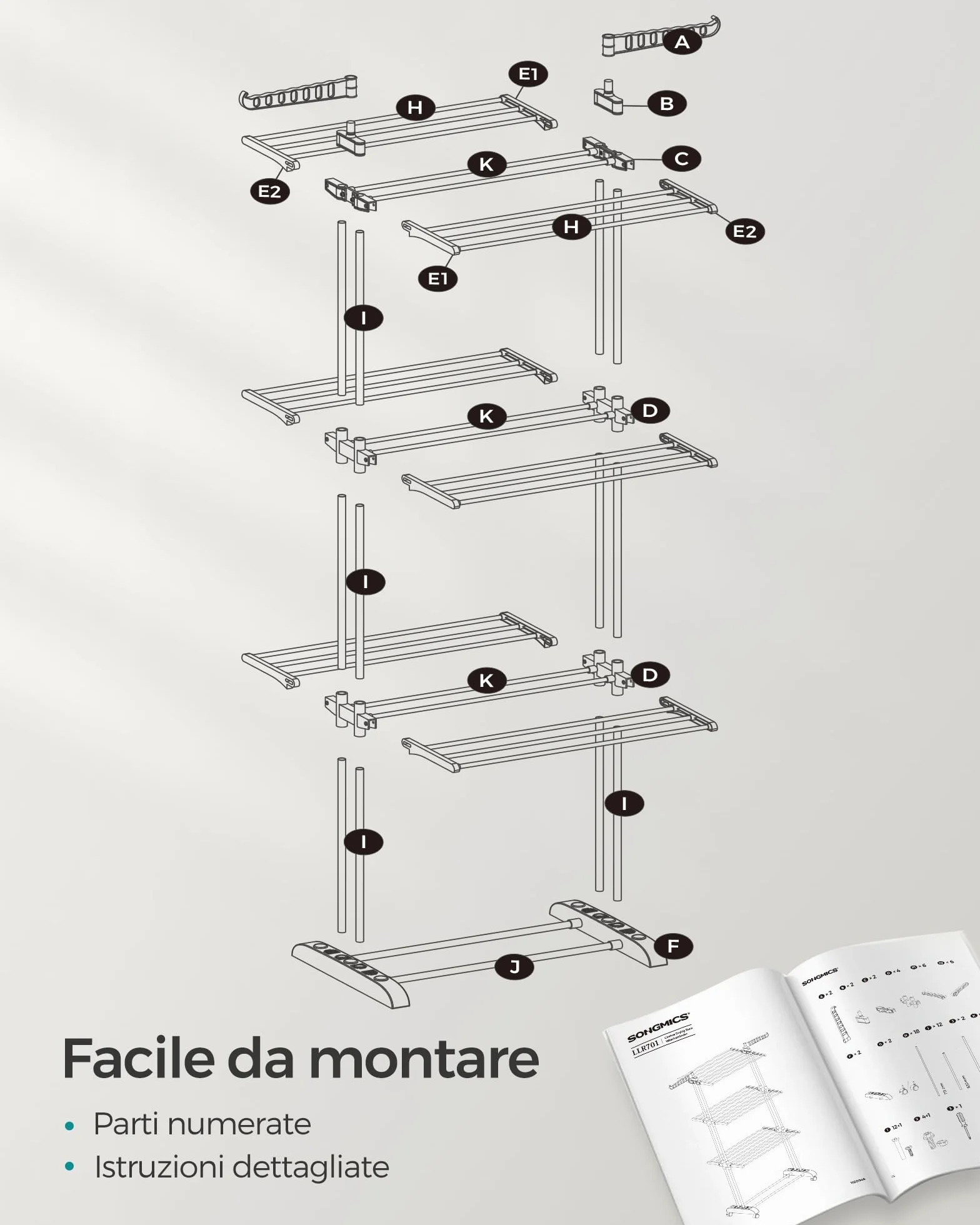 SONGMICS Stendibiancheria Pieghevole 4 Livelli con Ruote 63,5x128x173 cm Grigio LLR701G01