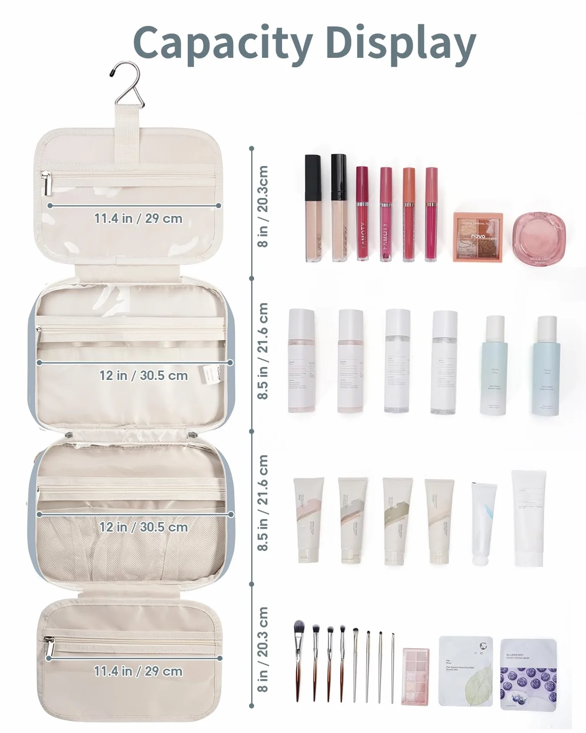 Narwey Beauty Case da Grande Viaggio, Beauty Case da Appendere per Donna Uomo,Borsa da Toilette da Travel Kit Viaggio, Grande Trousse Pochette Trucchi Donna per Viaggio (Blu Grigio (Grande))