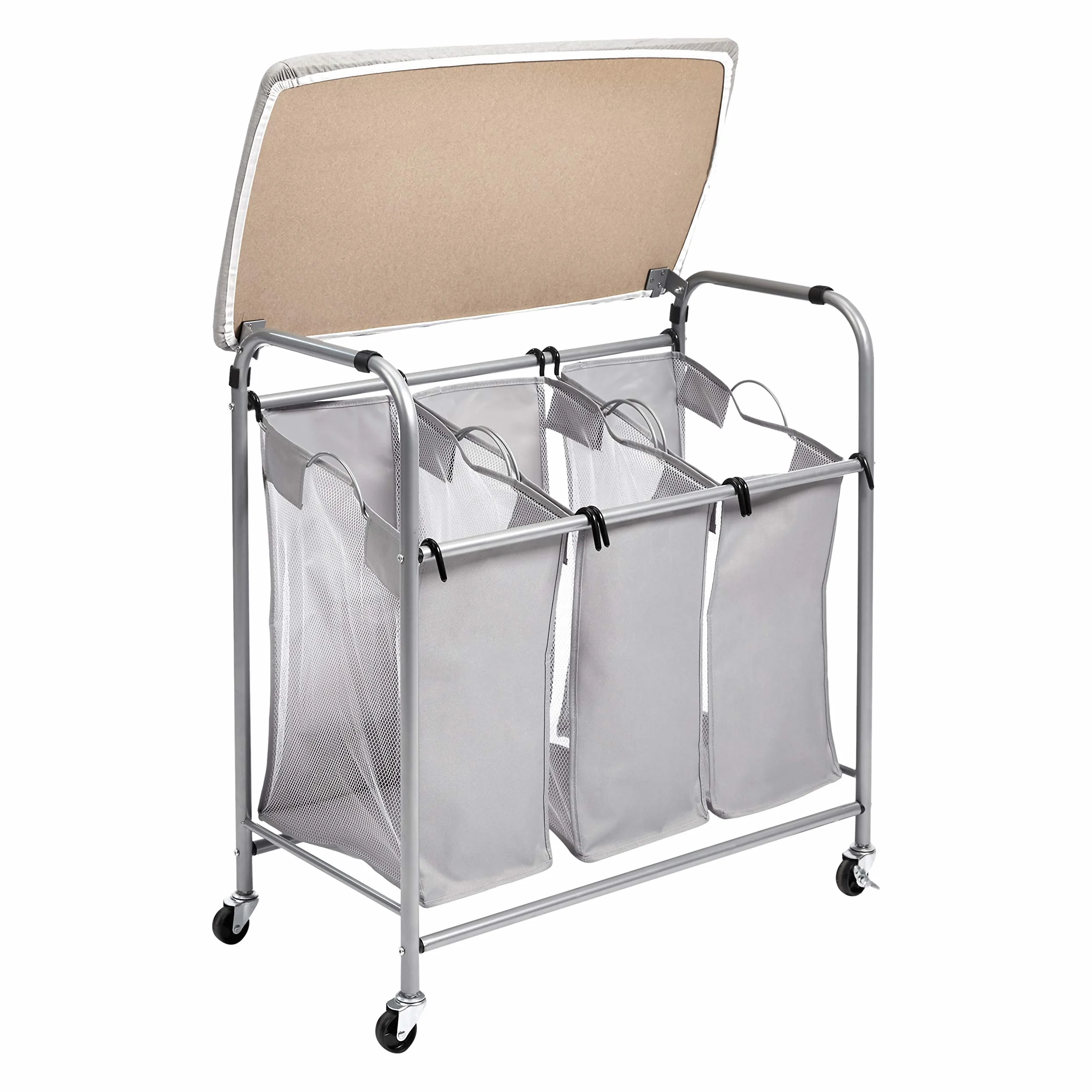 Amazon Basics Rettangolare Carrello raccogli biancheria con 3 sacchi e asse da stiro da tavolo (colore grigio), 80 cm x 41 cm x 84cm