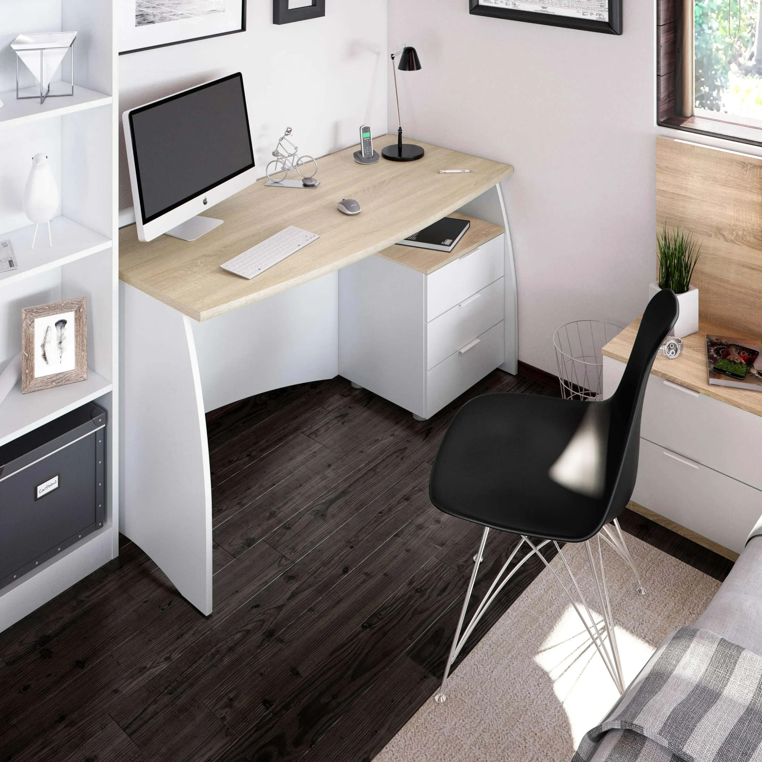Habitdesign Tavolo da ufficio con 3 cassetti, tavolo da ufficio o studio, modello Stil, finitura in Balnco Artik e Rovere Canadian, dimensioni: 136 cm (larghezza) x 67 cm (fondo) x 74 cm (altezza)