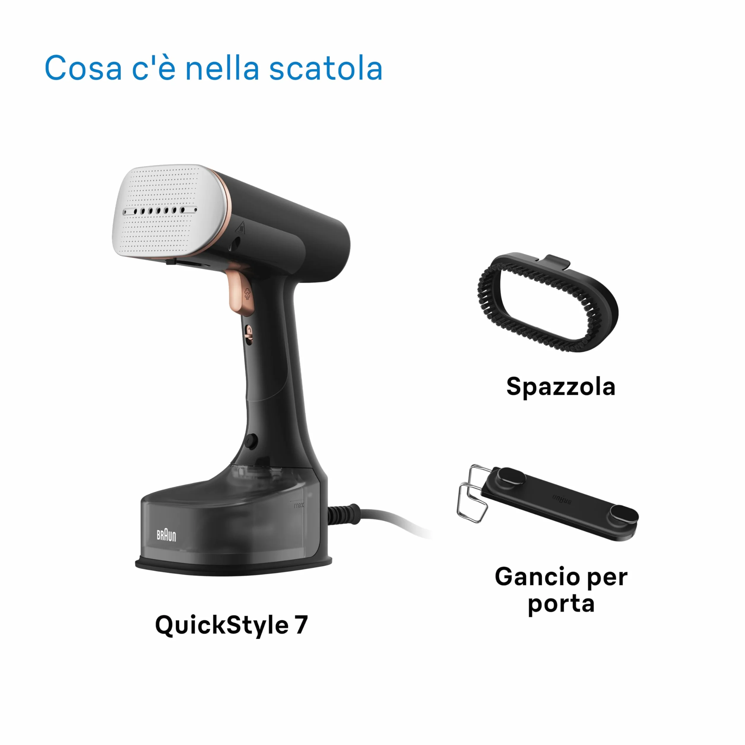 Braun QuickStyle 7 GS7077BK, Stiratore Verticale con Tecnologia Dual FreeGlide 3D e Piastra Riscaldata, con Riscaldamento Rapido, Vapore 35 g/min, Capacità 250 ml, Cavo 3 m, 1600W, Nero/Oro