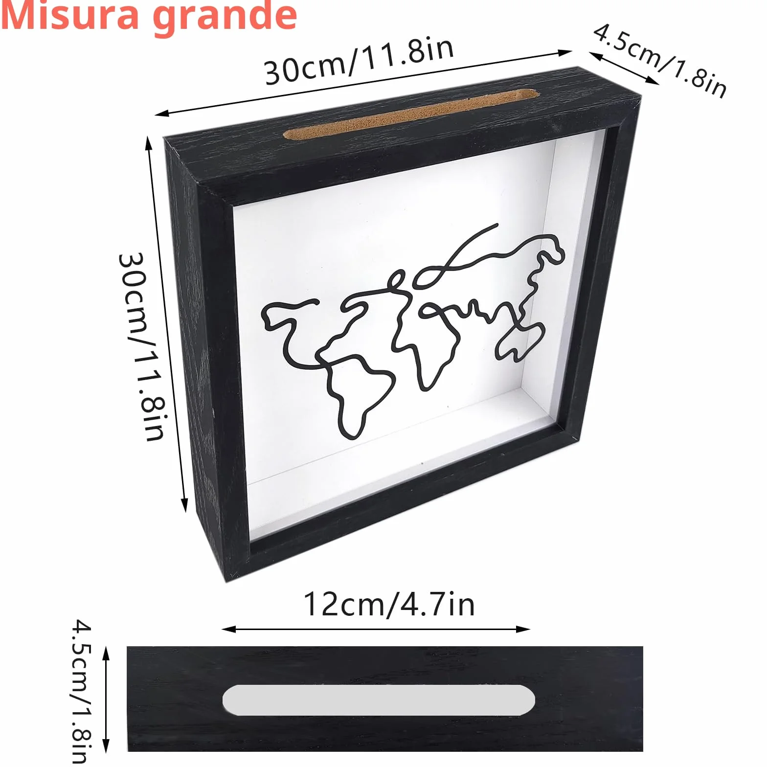 30 * 30cm Adventure Archive Box,Salvadanaio Viaggio con Slot,Scatola di Raccolta di Viaggi,Scatola di Ombra del Biglietto,Mappa del Mondo della Cornice della Scatola,Scatole Legno (Nero)