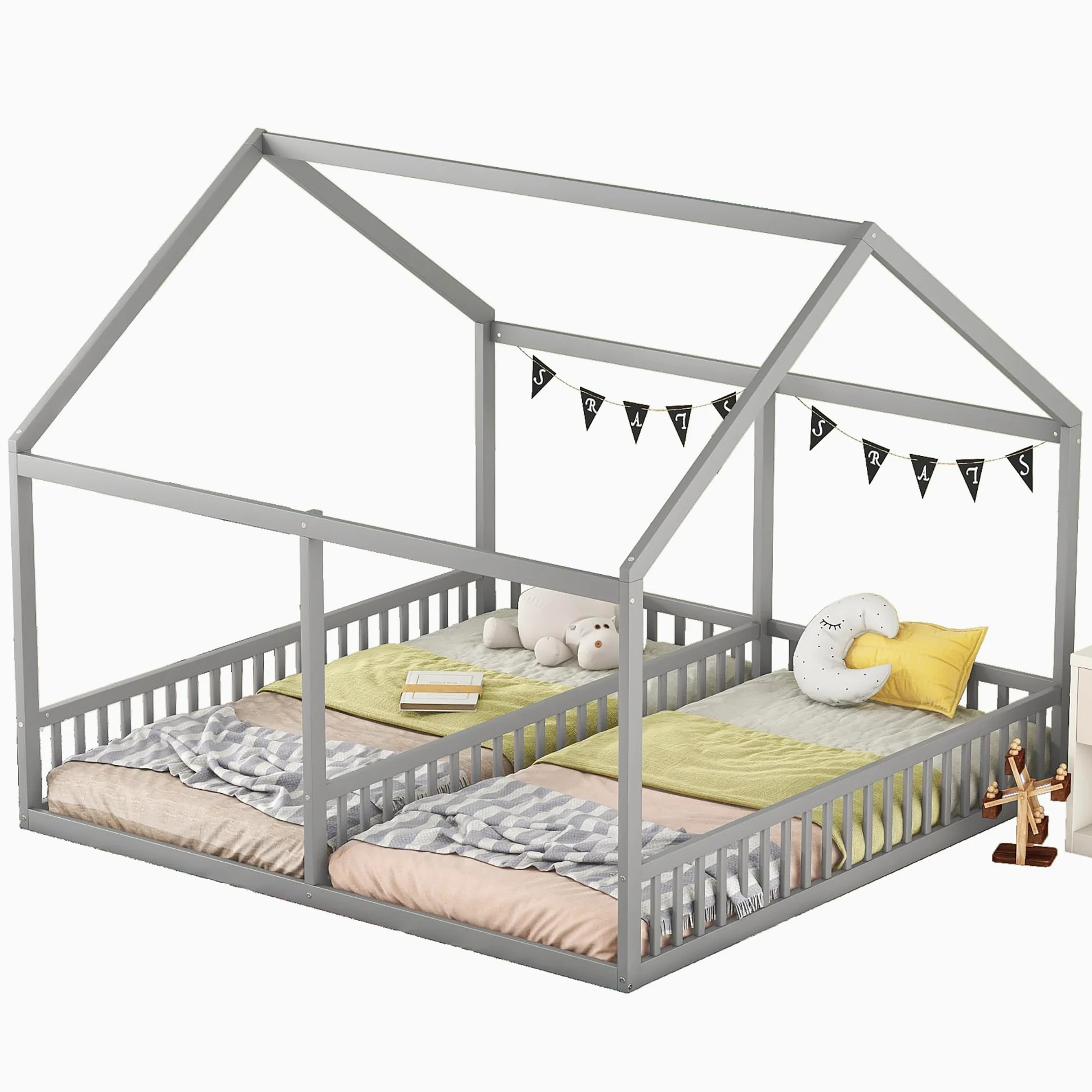 Dolamaní - Letto a soppalco, 180x200 cm, 2 letti per bambini con protezione anti-caduta, letti singoli 90x200 cm 2-in-1, letto per bambini in legno per fratelli e sorelle, letto per bambini a terra