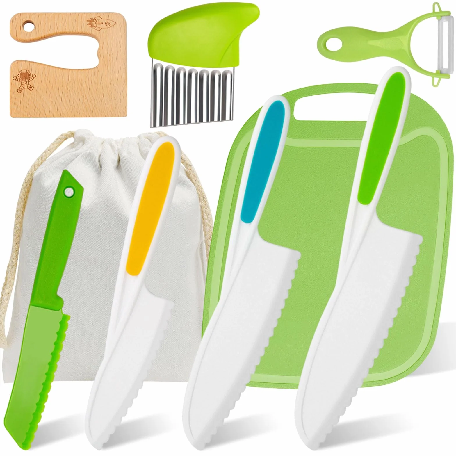 Set Coltelli Cucina per Bambini 9 PZ, Inclusi Coltelli Bambini Plastica per Tagliarecon, Coltello Legno, Coltelli Patate, Coltello Onda, Pelapatate, Tagliere per Tagliare e Cucinare, Frutta e Verdura