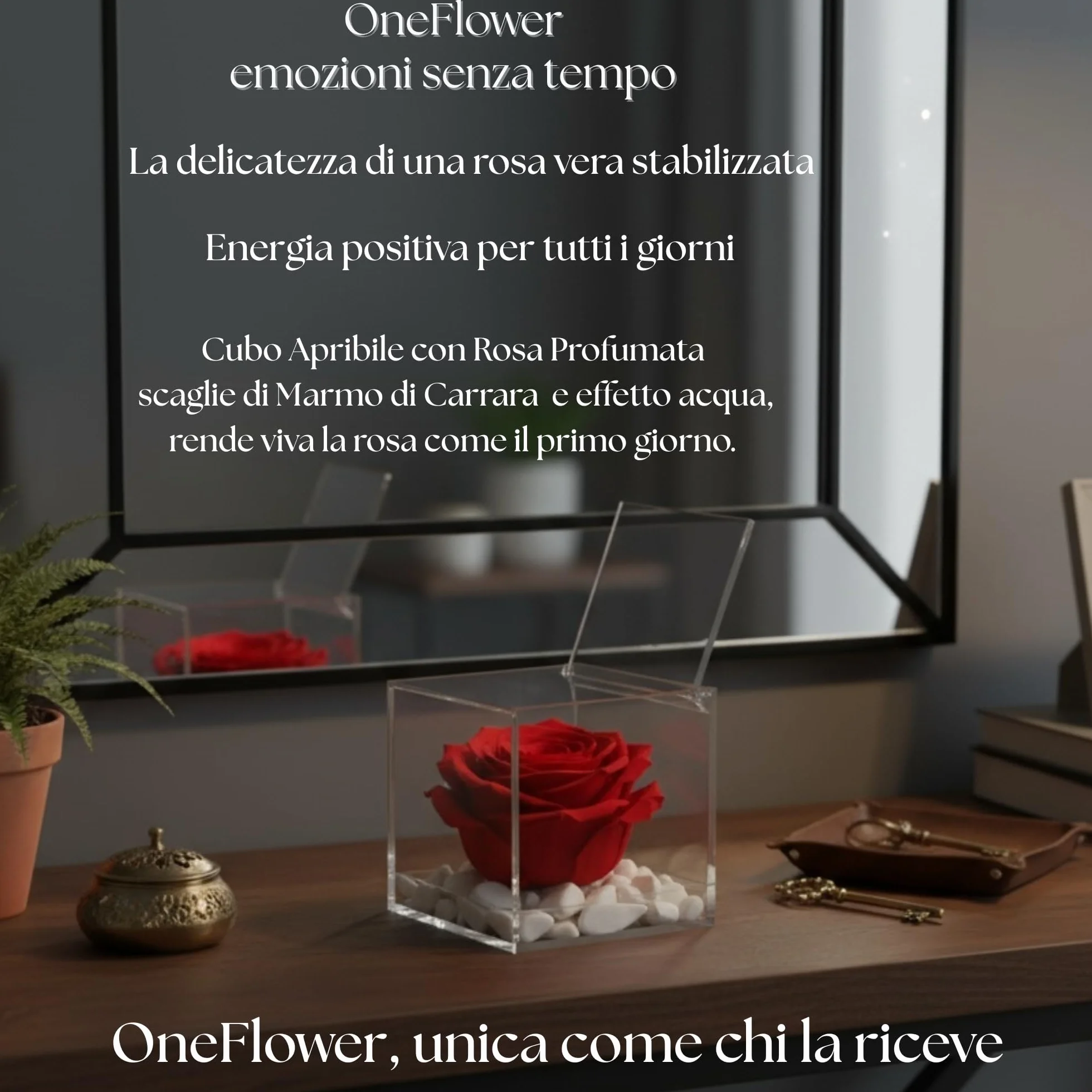Cubo Rosa Stabilizzata Rossa 6 cm con Marmo di Carrara - Rosa Eterna Idea Regalo San Valentino Festa Mamma Made in Italy