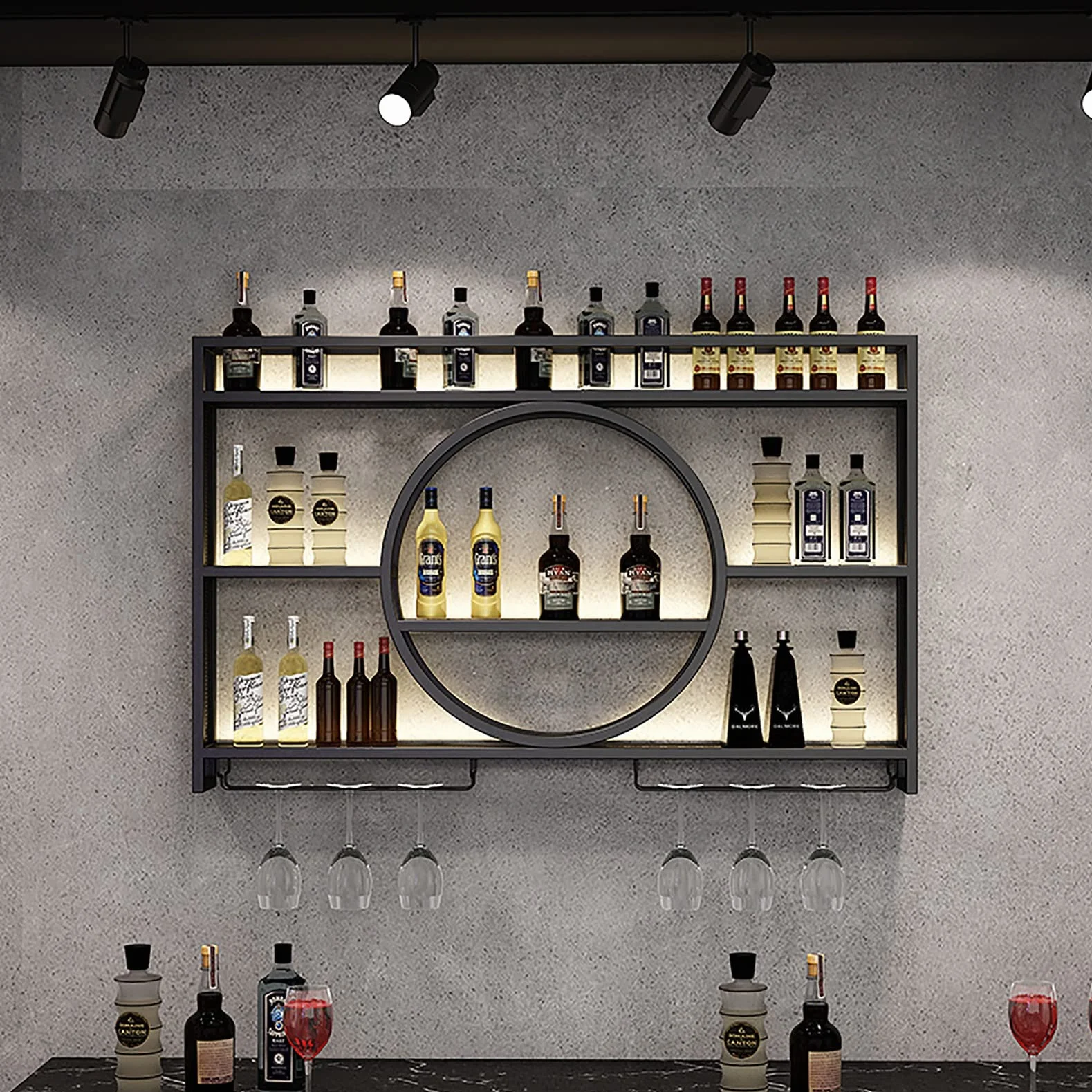 Porta Bottiglie Da Vino Portabottiglie Da Parete Con Ripiano Espositivo, Mensola Per Vino Industriale Calice E Portabicchieri, Vetrinetta Pensile Da Parete, Espositore Creativo Per Vino Da Parete. ( C