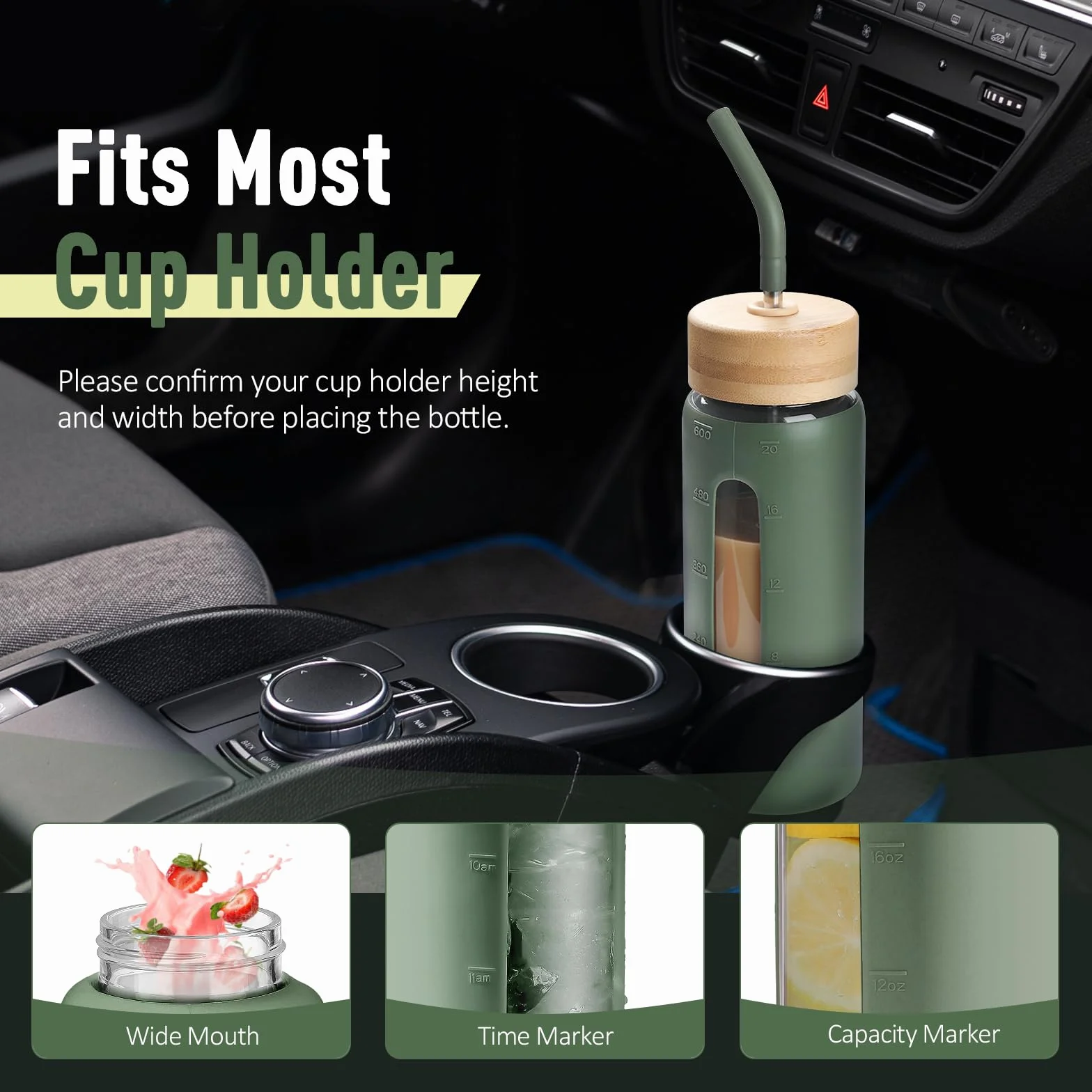 BLUEGO Borraccia in vetro 600ml con cannuccia 2 coperchi, tazza caffè in vetro custodia silicone, senza BPA, Verde oliva