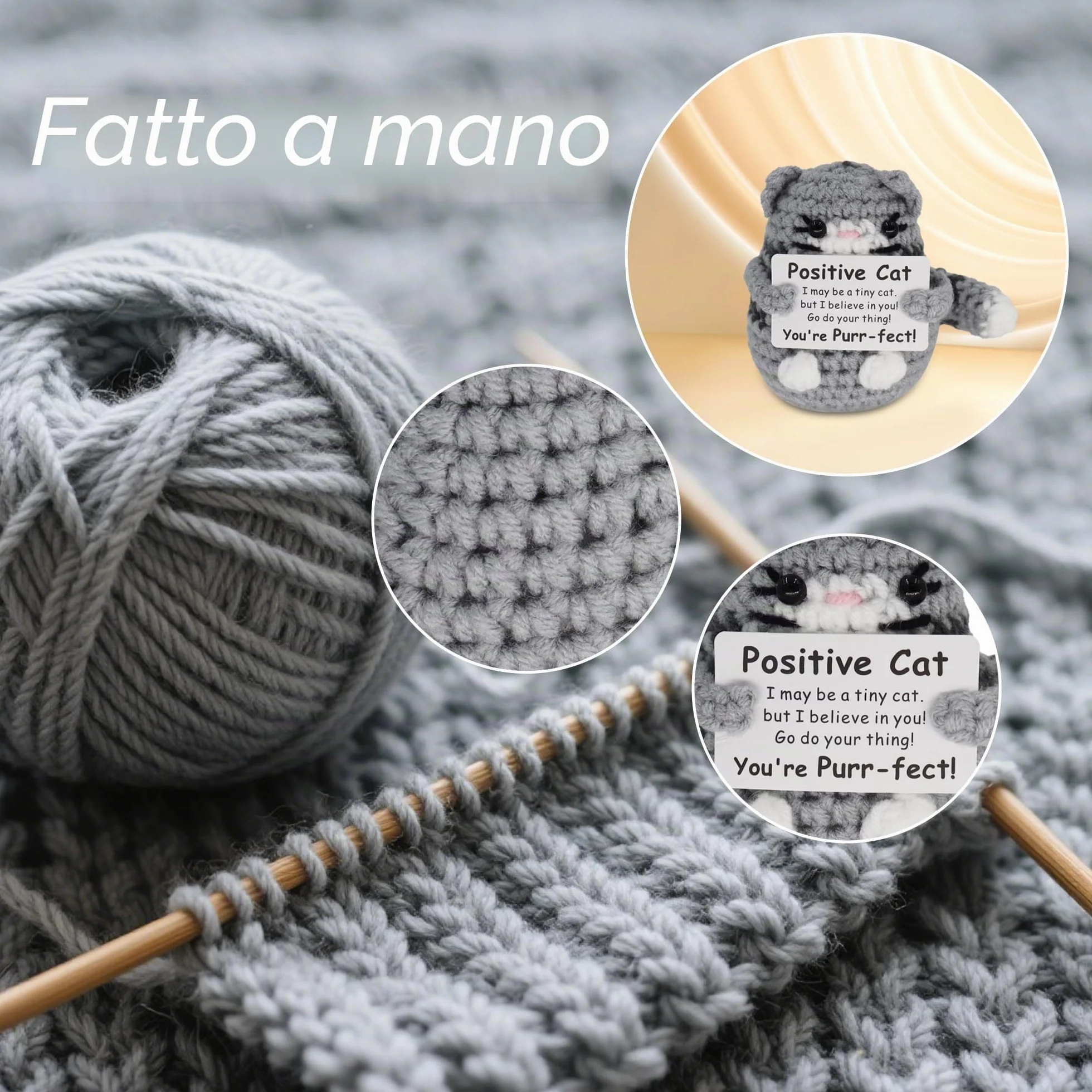 Pocket Hug - Bambola di Gatto Grigia Spessa in Lana Lavorata a Maglia Spessa Gatto Grigio con energia positiva, Idea Regalo per Ragazzi e Ragazze