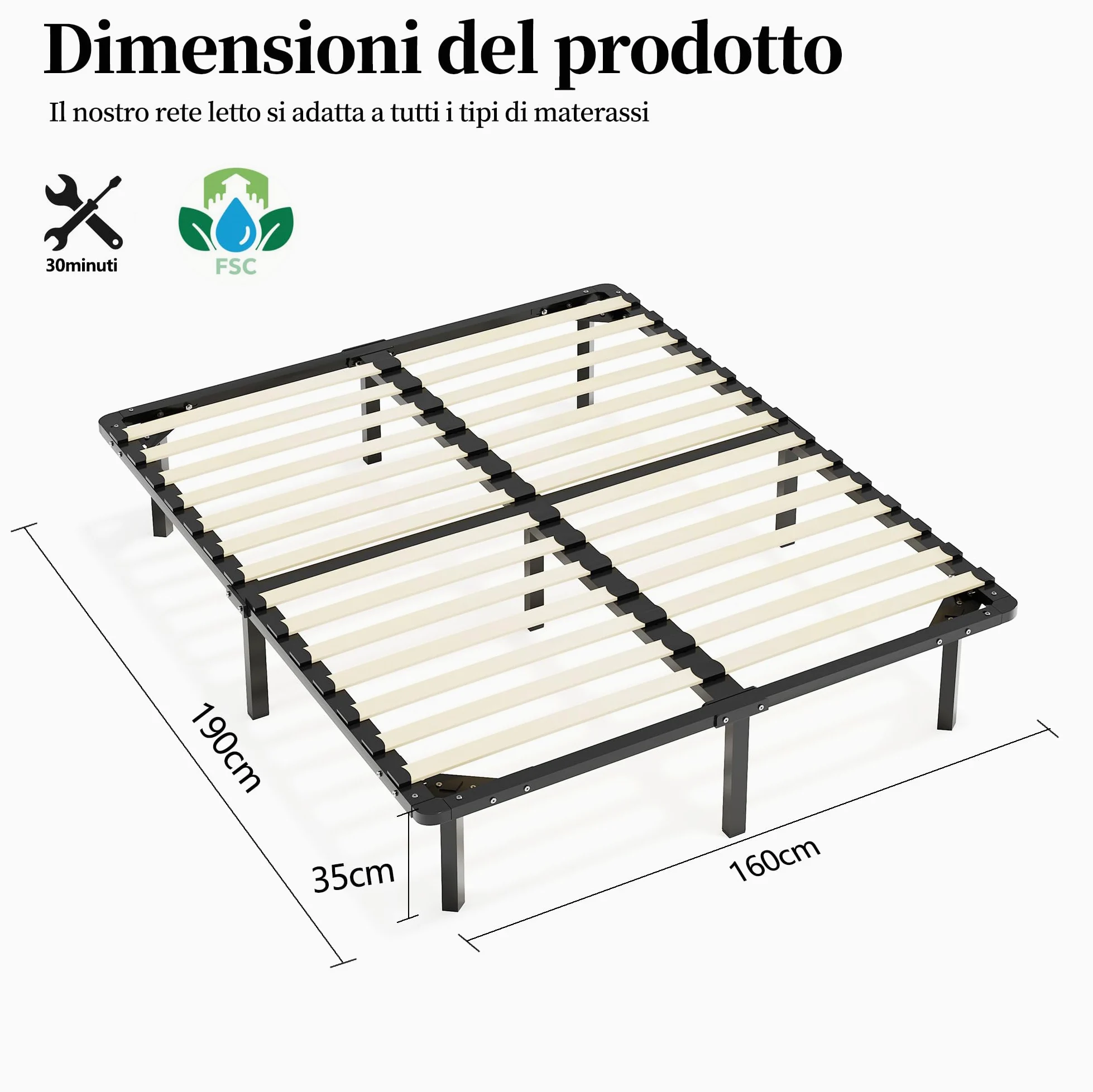 TEENO Rete Letto Matrimoniale 160x190 a Doghe in Legno,con 9 Gambe e 2x14 File di Doghe,Alto Sotto Letto 32 cm per Ampio Spazio di Archiviazione,Adatta a Tutti i Tipi di Materassi,Stile Moderno