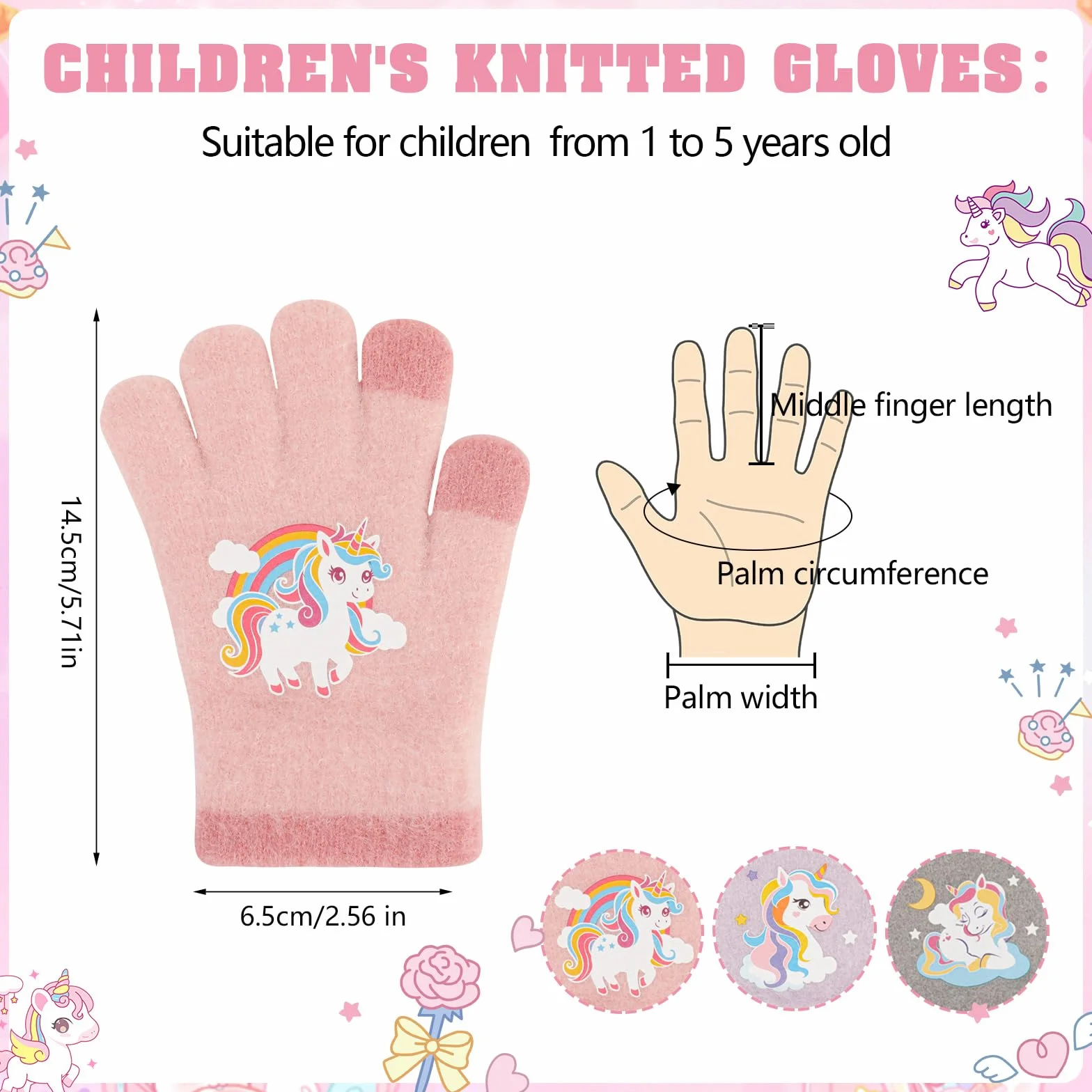 Guanti caldi in maglia per bambini, morbidi guanti termici elasticizzati invernali, muffole a dita intere con unicorno