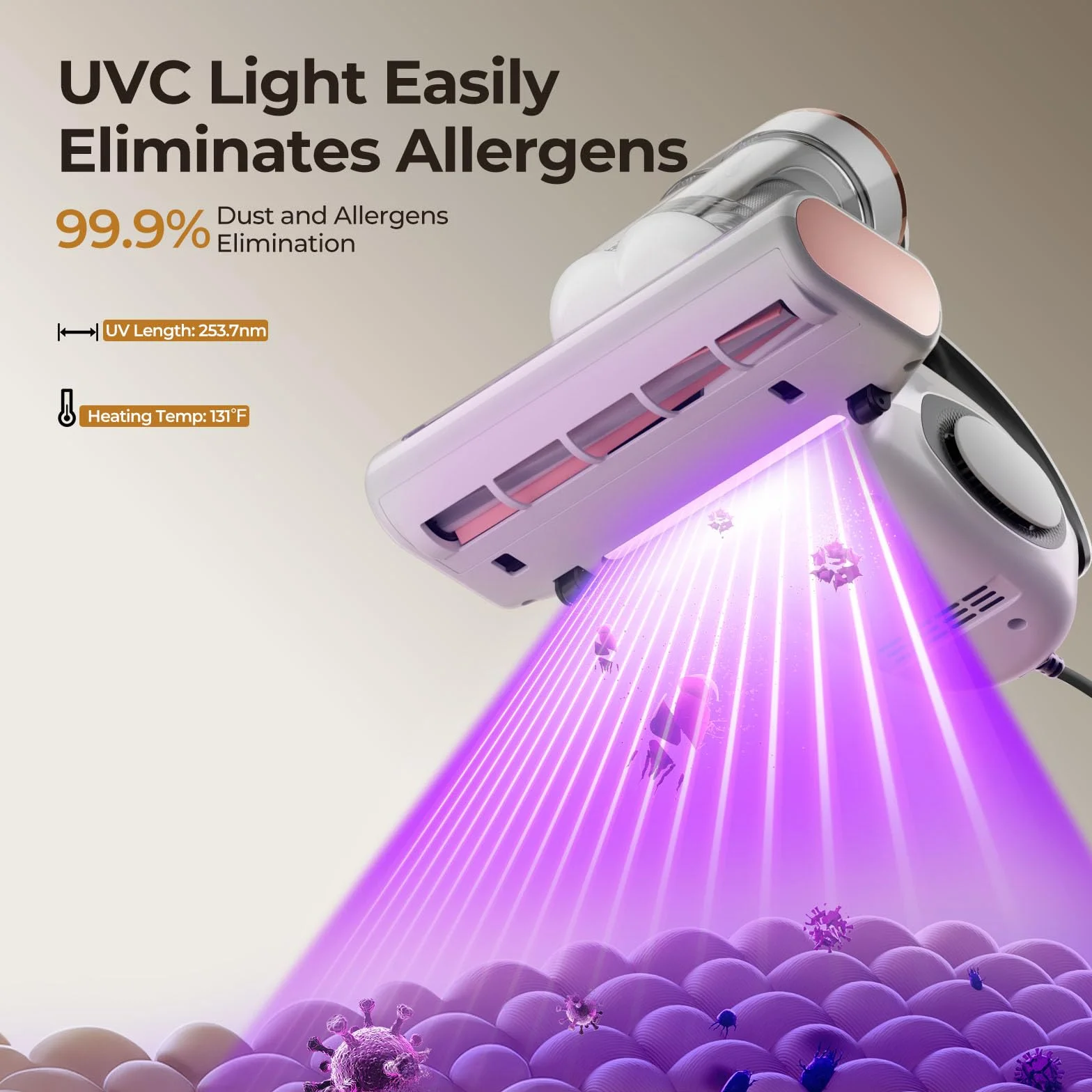 JIGOO J300 Battimaterasso,500W Aspiratore portatile intelligente per materassi, Aspirapolvere antiacaro con luce UV, rimuove il 99,9% degli allergeni, per materassi, letti, divani e mobili imbottiti