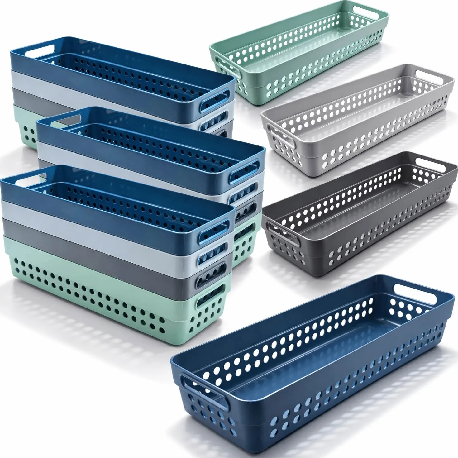 com-four® set da 16 contenitori in plastica, cestini impilabili per cosmetici, giocattoli e articoli domestici in colori pastello, assortimento variabile (Mix lungo - 16 pezzi)