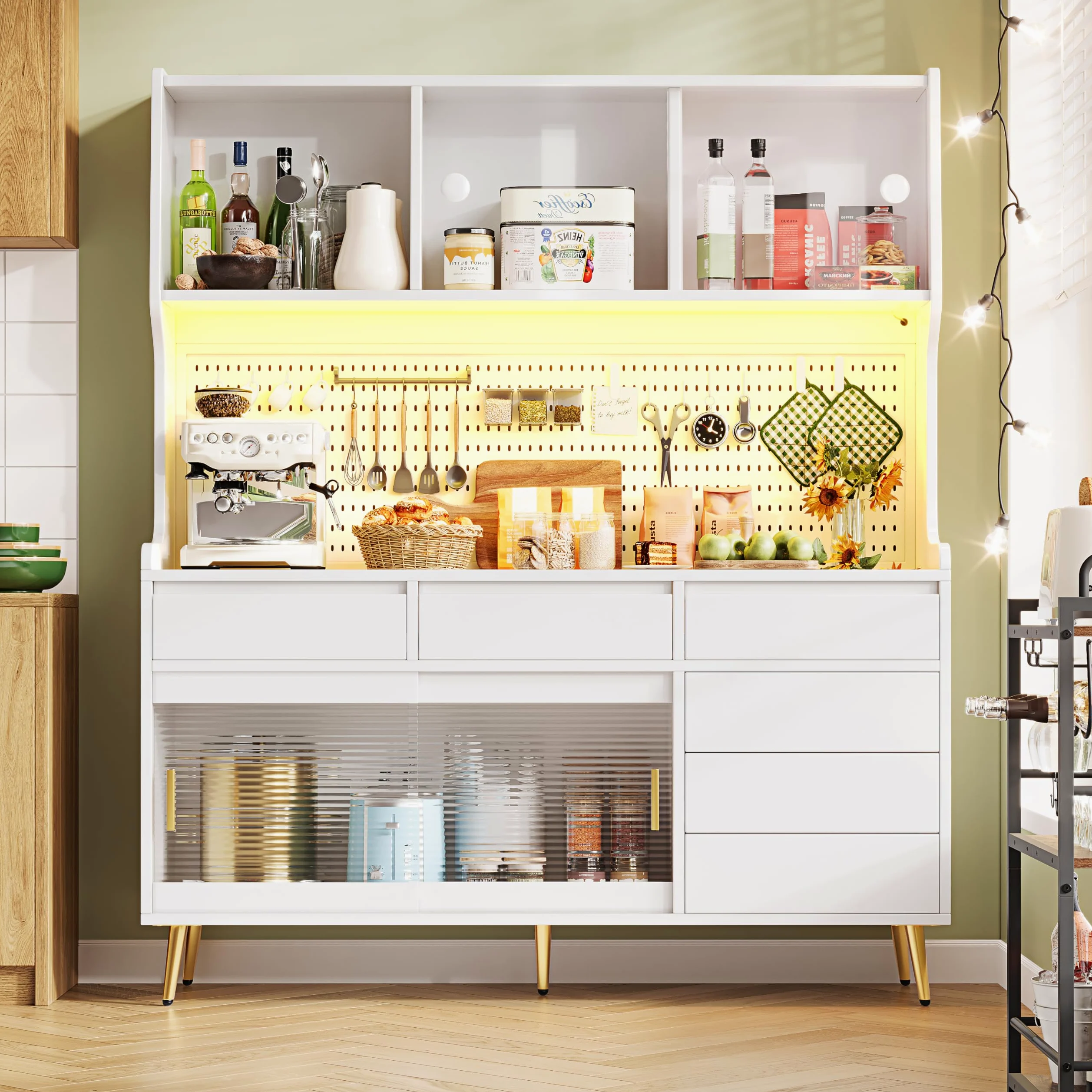 Mobile alto moderno, 145 x 39 x 171 cm, bianco, con armadio da cucina o armadio da sala da pranzo con cassetto, credenza con ripiano con parete forata