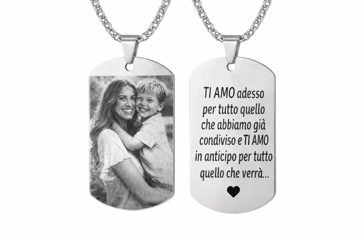 Collana Personalizzata con Foto e Incisione in Acciaio Nero – Ciondolo Uomo/Donna – Regalo Coppia