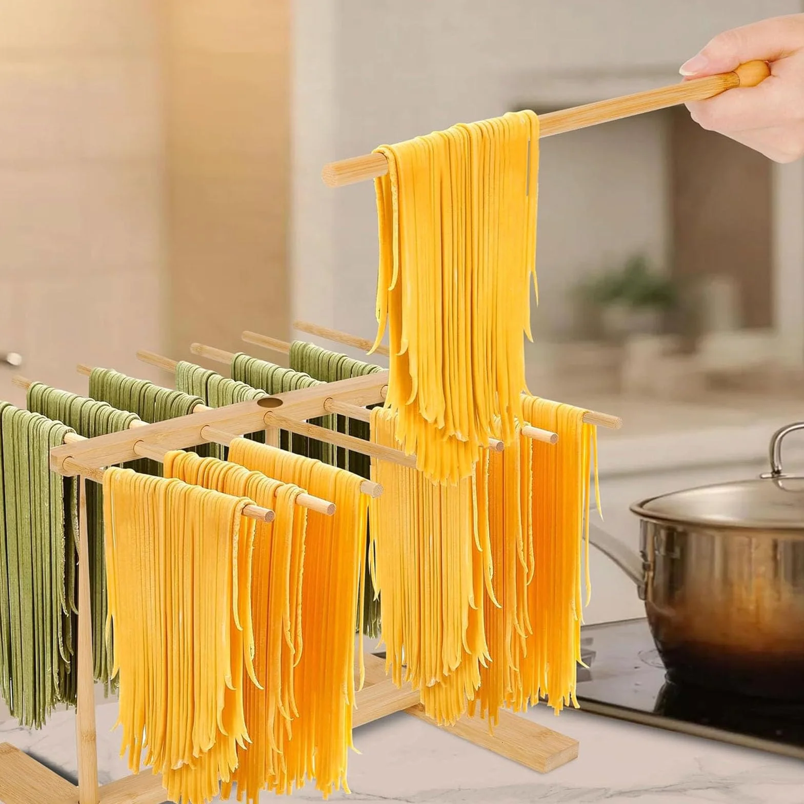 Stendipasta, 12 stanghe, Stendipasta in legno, porta pasta, supporto per la pasta per asciugare, asciugatore per spaghetti, supporto per la pasta salvaspazio riutilizzabile