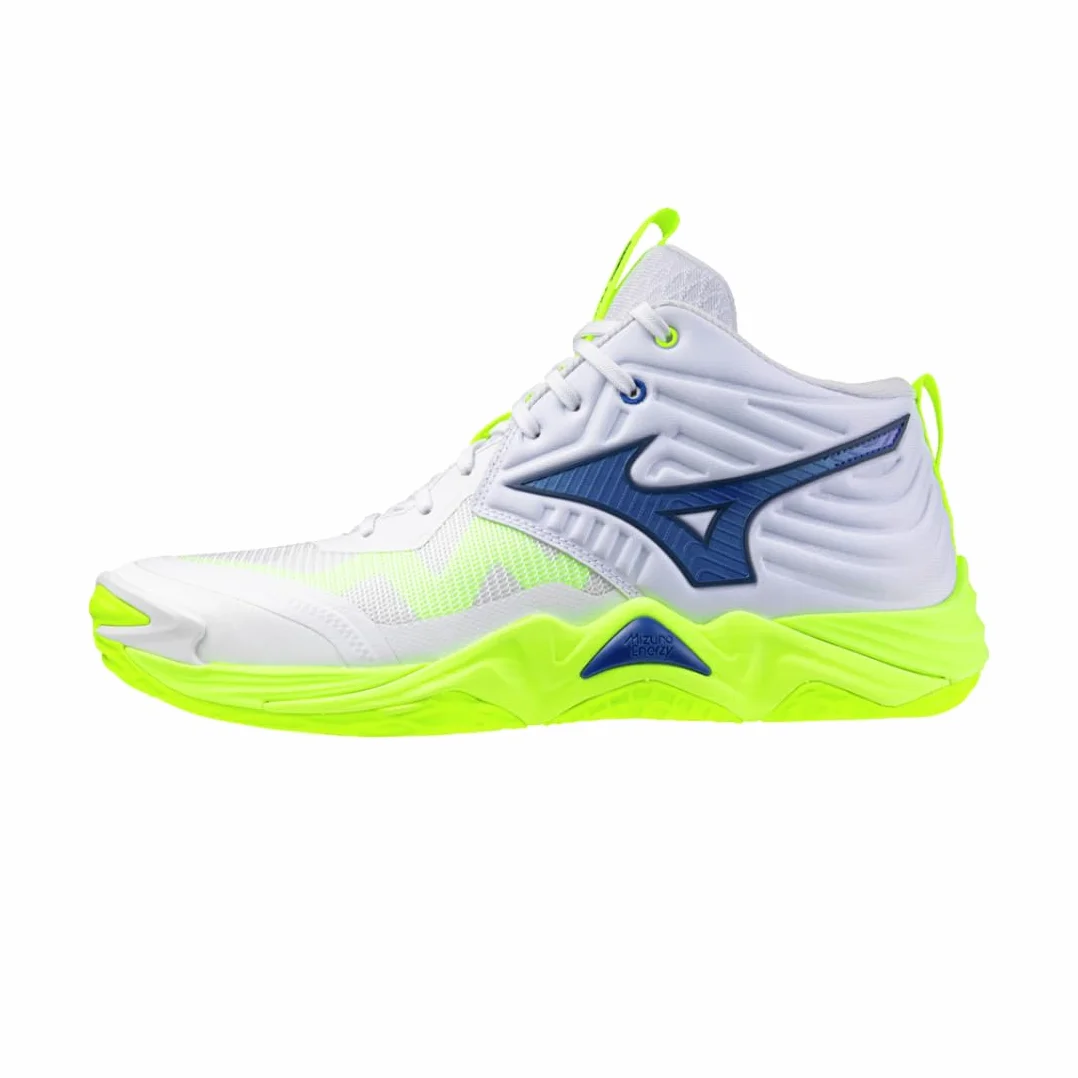 Mizuno Wave Momentum Elite Mid, Scarpe da Pallavolo Unisex, Bianco Blu Giallo Fluo,