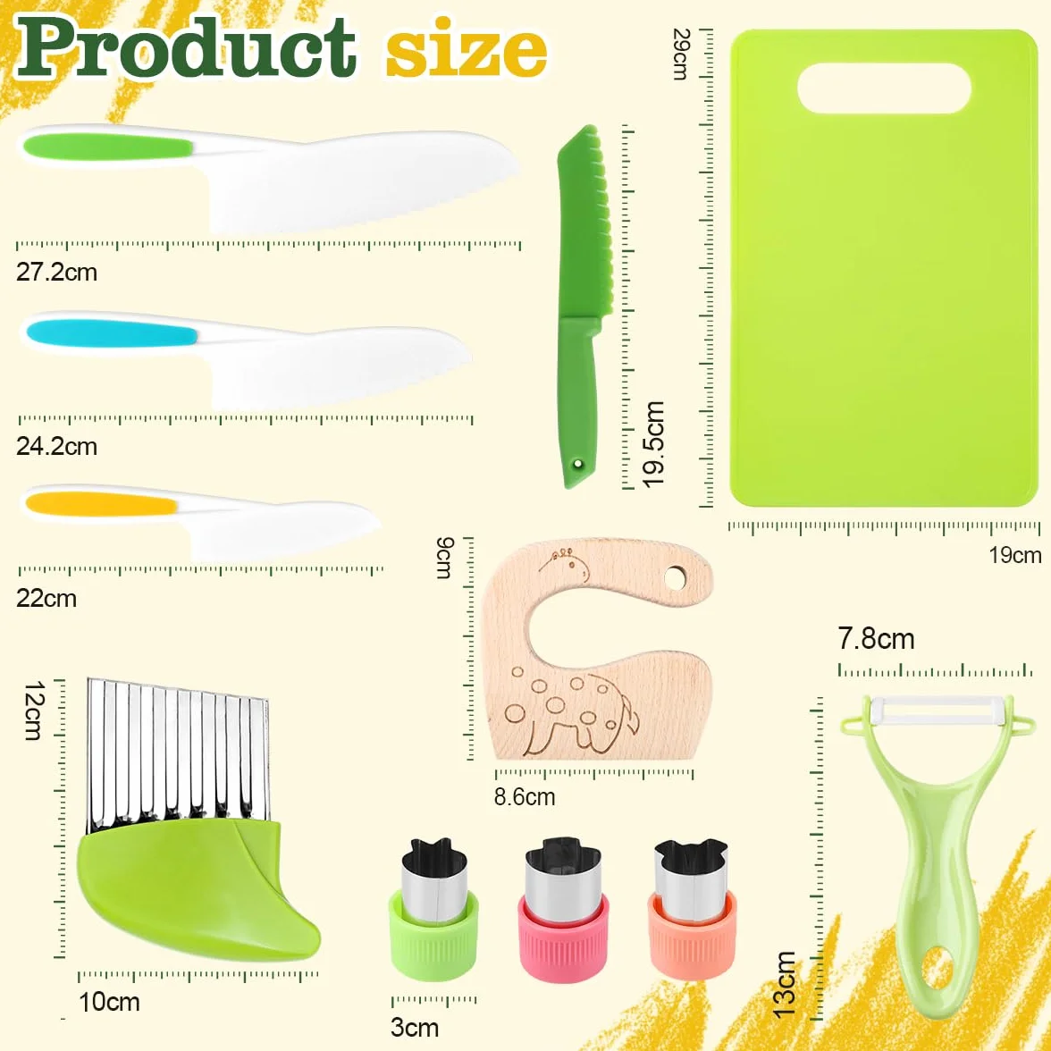 Set di 11 coltelli per bambini, coltello da cucina di sicurezza per bambini, set con formine per biscotti per verdure, coltello in legno, tagliere per bambini a partire dai 3 anni, set da cucina