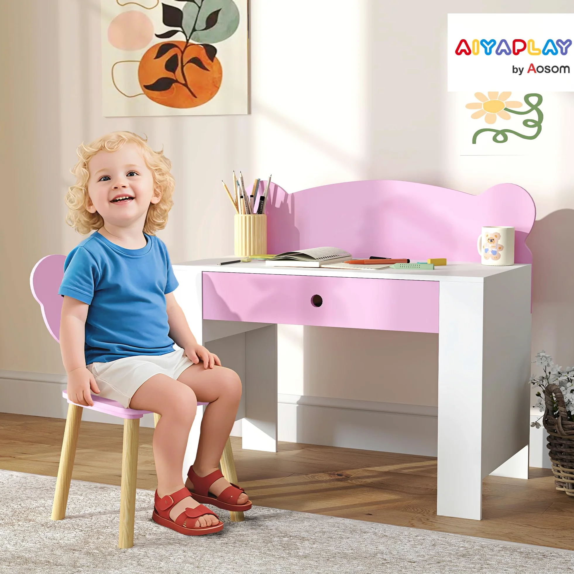 AIYAPLAY Set Scrivania per Bambini con Sedia, Tavolo da Studio con Cassetto, Schienale a Forma di Orsetto, Età 3-8 Anni, Rosa