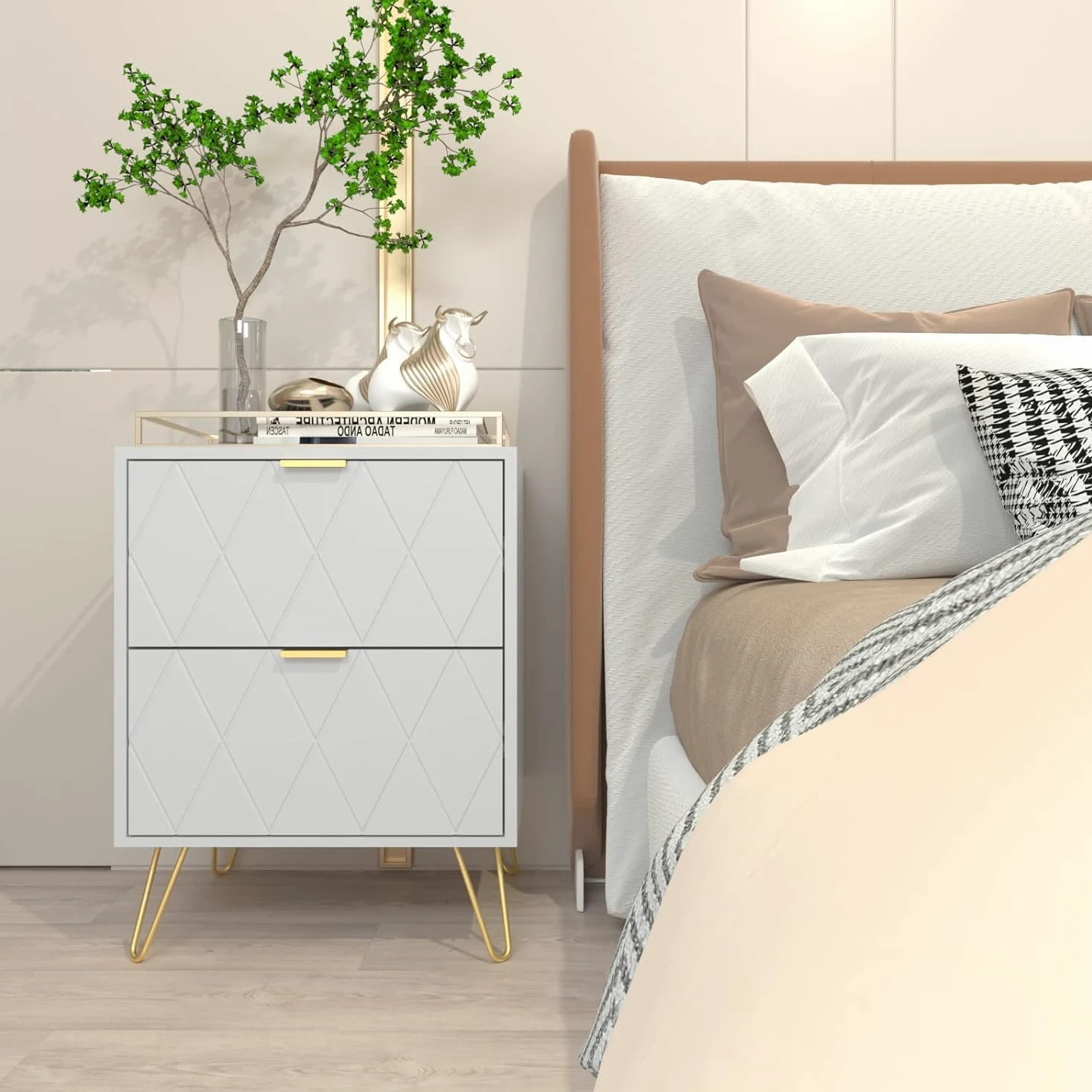 UEV Comodino Bianco Set di 2, Tavolini con 2 Cassetti in Legno ingegnerizzato Robusto, Comodino Piccolo Moderno con Maniglie e Gambe in Oro Cromato per Camera da Lett, 40 x 30 x 52 cm, Bianco