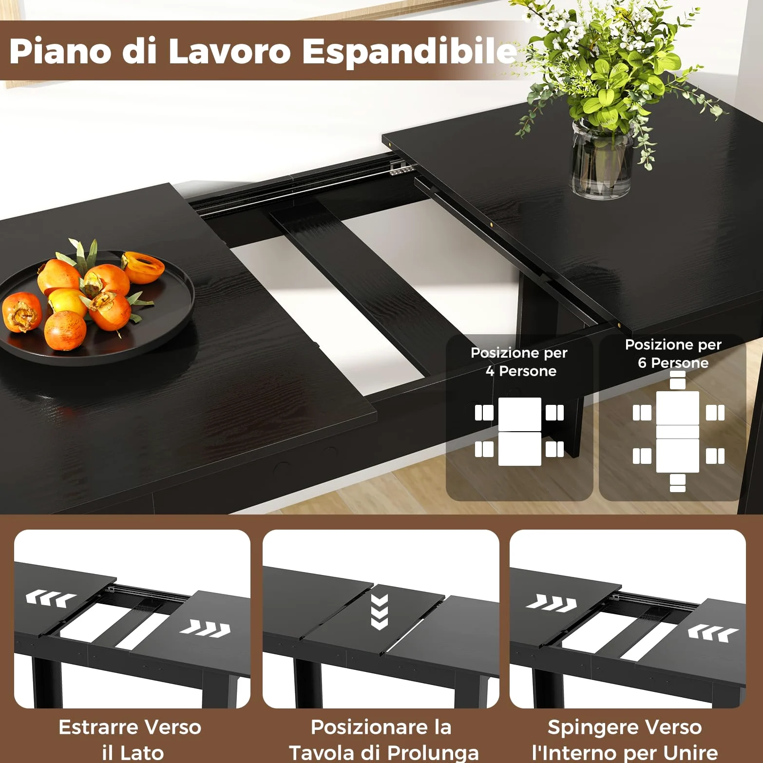 COSTWAY Tavolo Allungabile da Pranzo per 4-6 Persone, Tavolo Consolle Estensibile, Tavolo Moderno da Cucina, Soggiorno e Sala da Pranzo, 158 x 70 x 76 cm, Nero (Nero)